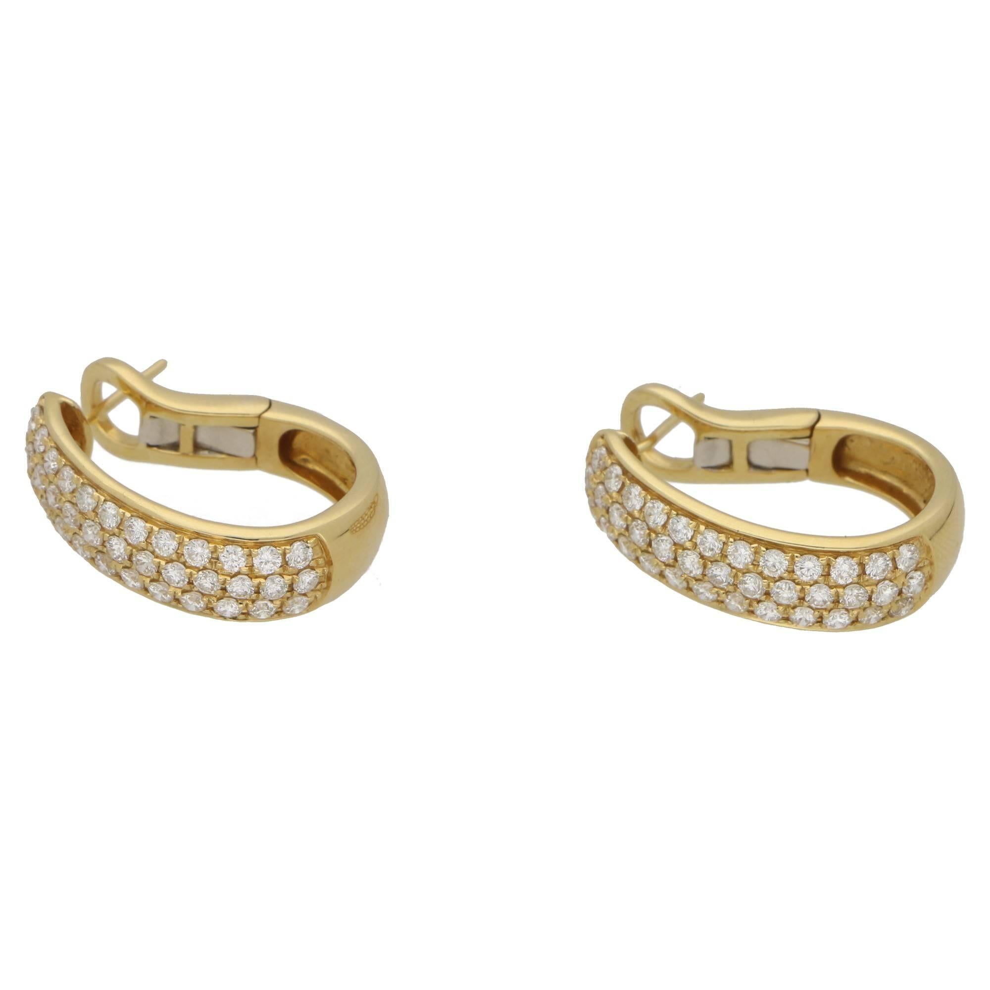 Women's or Men's Triple Row Diamond Hoop Earrings in 18 Karat Gold 1.50cts