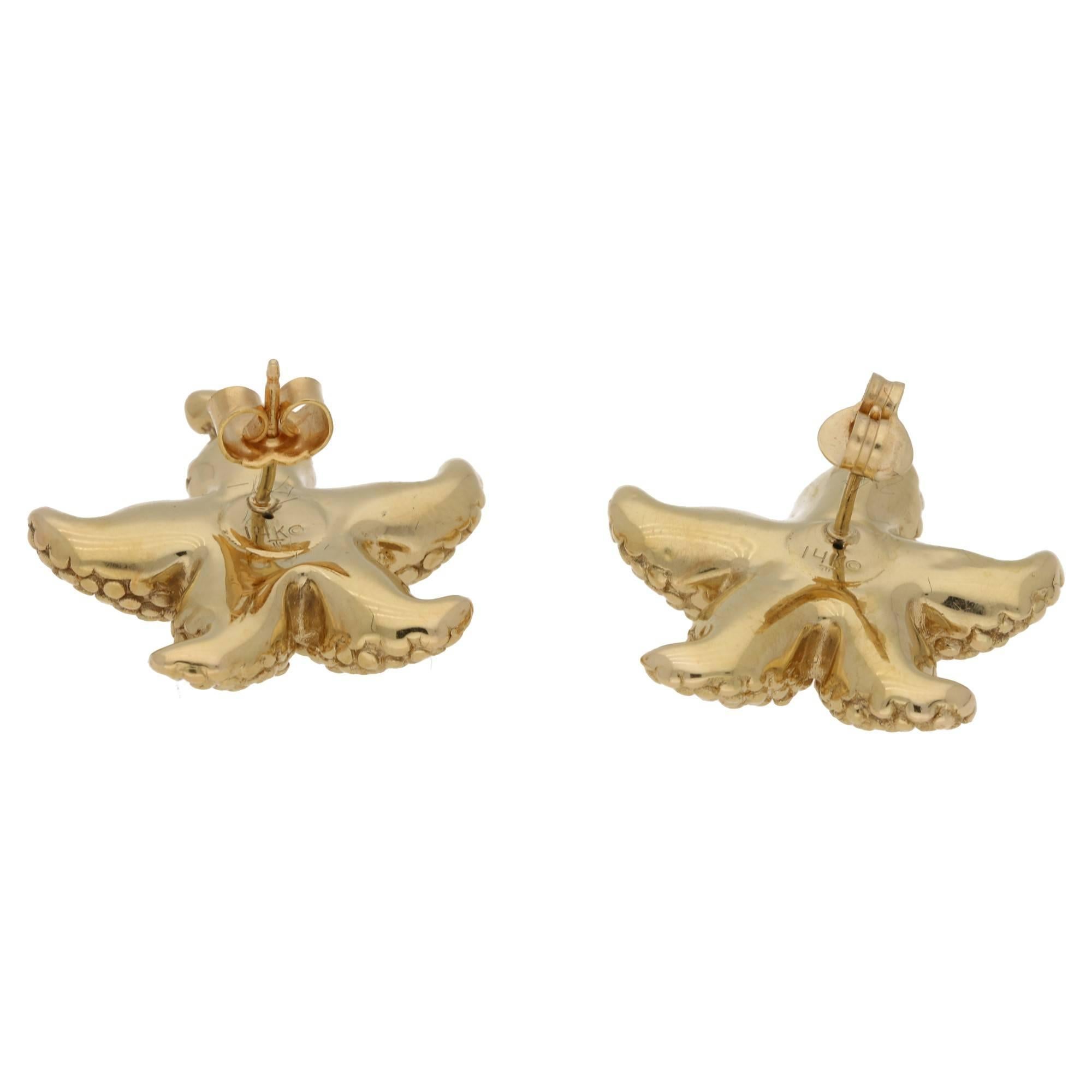 A pair of 14ct gold starfish earrings. The starfish is said to be an emblem of salvation and a loving creature who creates safe travel over 'troubled waters'.  These are on a gold post and butterfly fitting.
