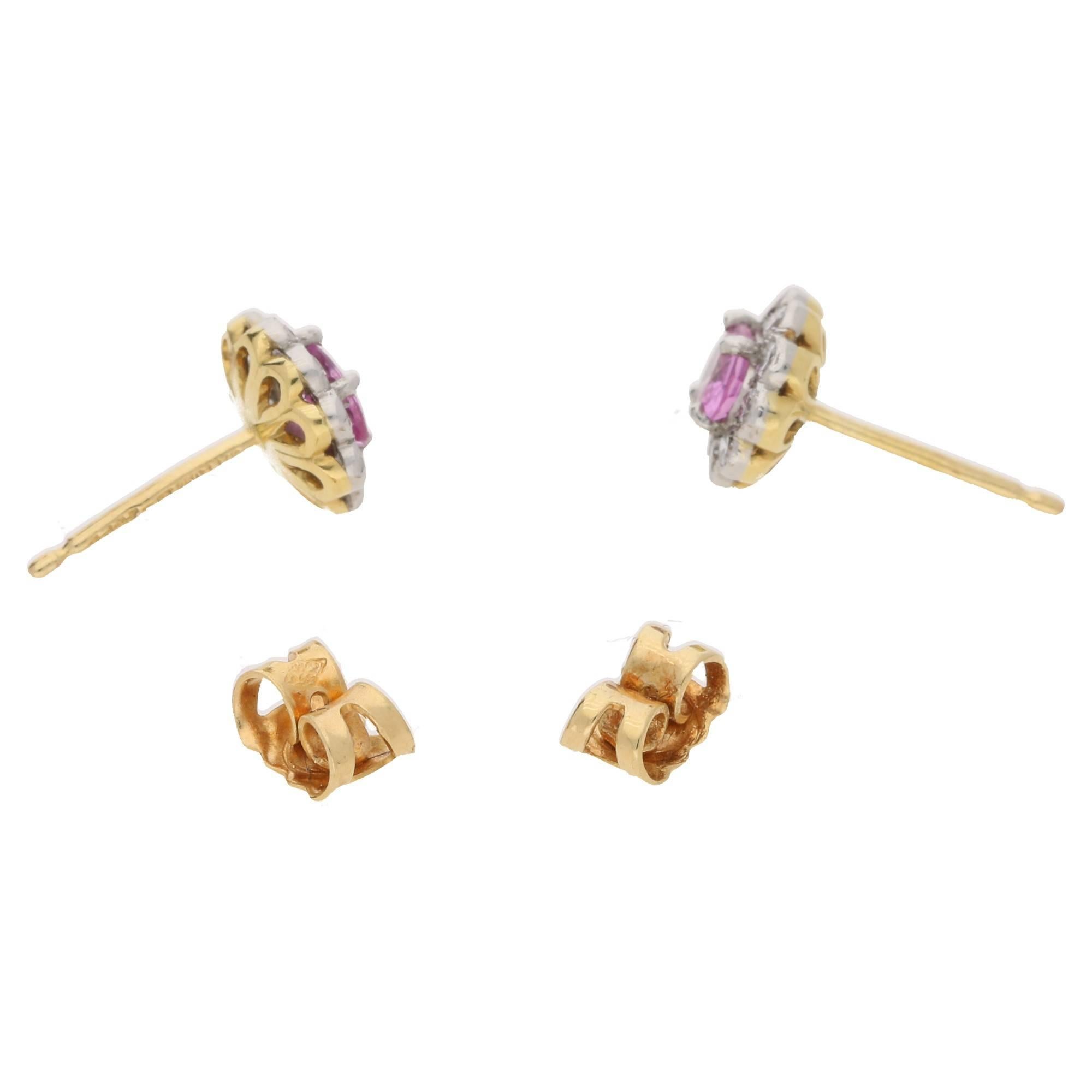 Pink Sapphire Diamond Cluster Stud Earrings In New Condition In London, GB