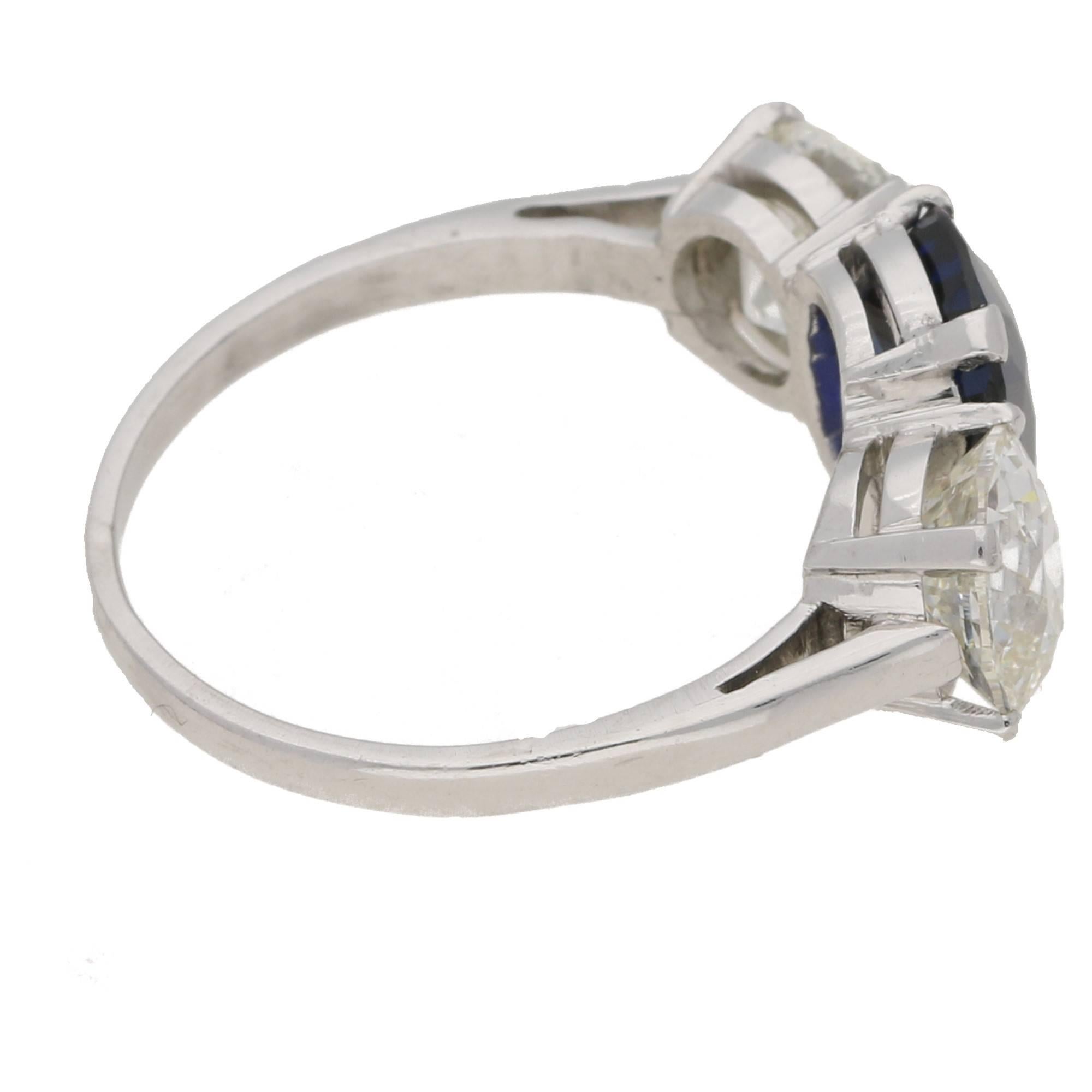 Sapphire Diamond Platinum Three-Stone Ring In Excellent Condition In London, GB