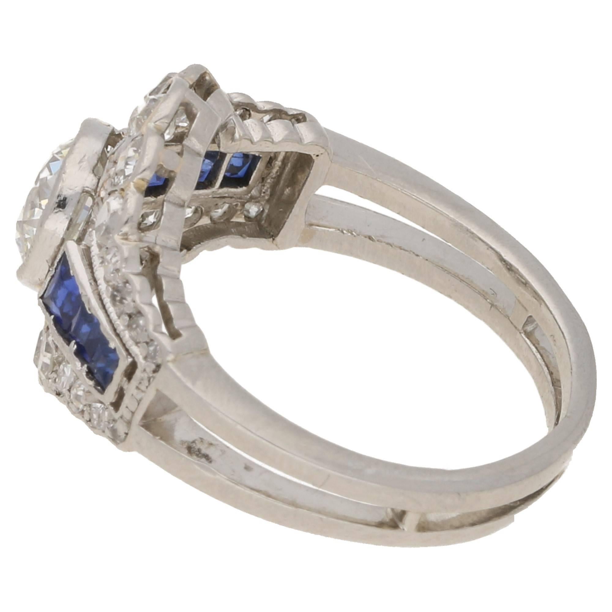 Art Deco Diamond Sapphire Engagement Ring In Excellent Condition In London, GB