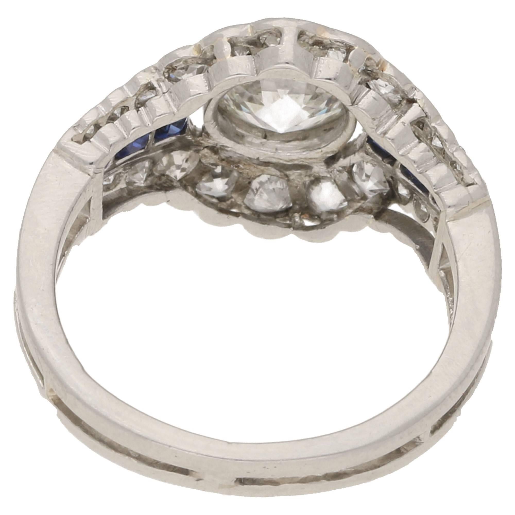 Women's or Men's Art Deco Diamond Sapphire Engagement Ring