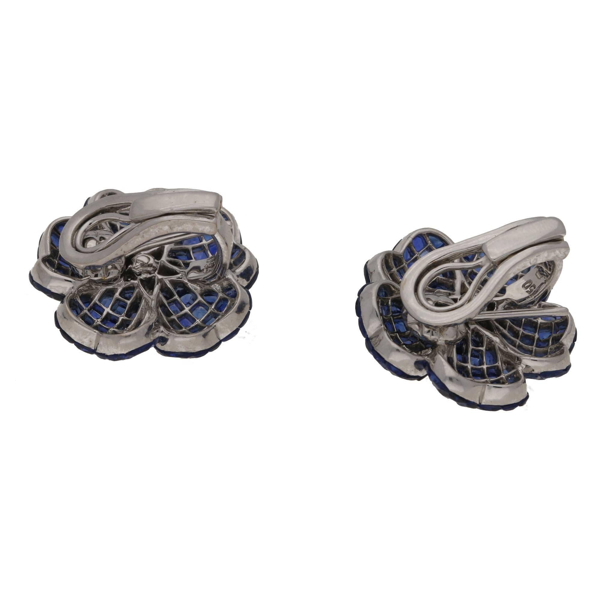 Invisible Set Sapphire Diamond Floral Earrings In New Condition In London, GB
