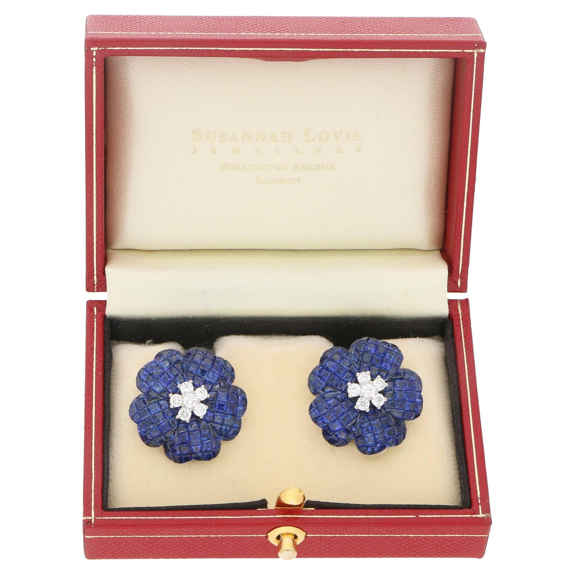 Women's or Men's Invisible Set Sapphire Diamond Floral Earrings