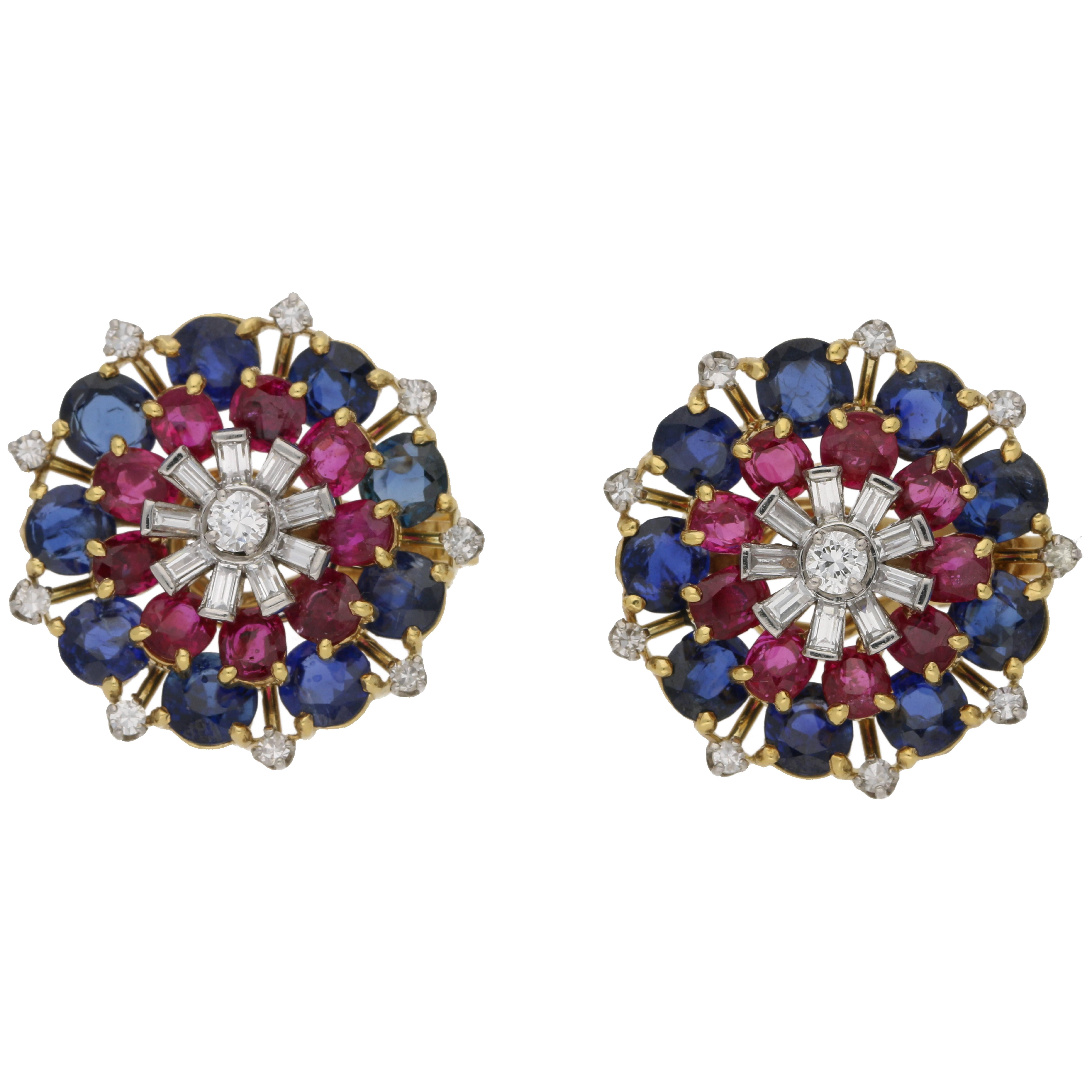 1960s Sapphire, Diamond and Ruby Floral Cluster Earrings
