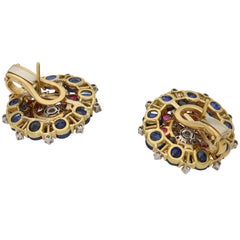 1960s Sapphire, Diamond and Ruby Floral Cluster Earrings