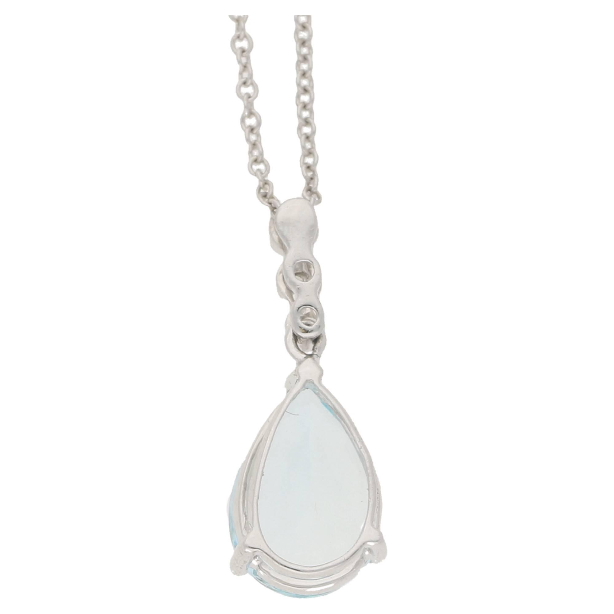 A very sweet 1.42ct pear shaped aquamarine pendant, with 0.05cts of diamond set above the pear drop. This piece is in 18k white gold, hallmarked 750. This pendant is on a 16