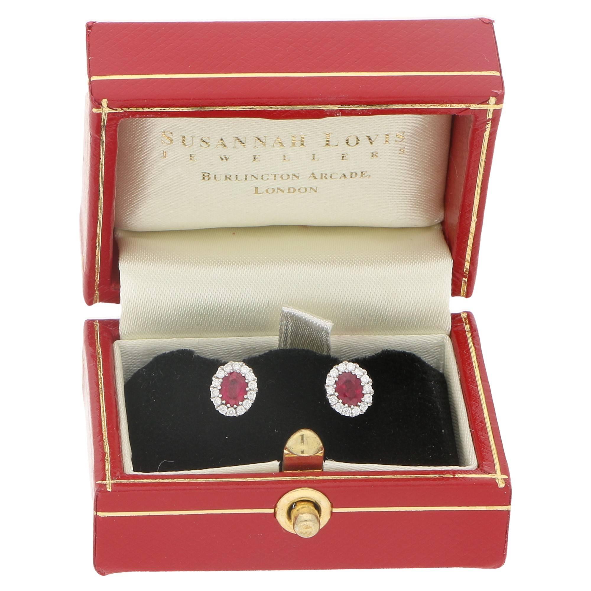 Women's or Men's Ruby & Diamond Oval Gold Cluster Stud Earrings For Sale