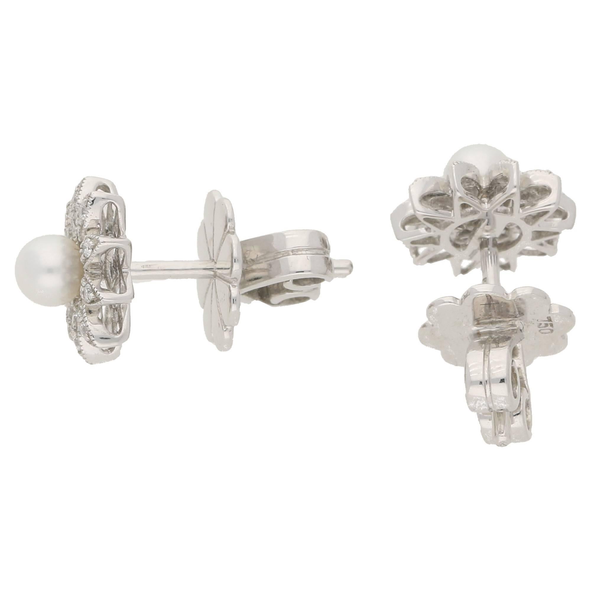 A very sweet pair of pearl and diamond floral design stud earrings. The diamonds are delicately set in a mille grain edged setting. At the centres are gorgeous white freshwater pearls. These are on secure post and butterfly fittings, in hallmarked