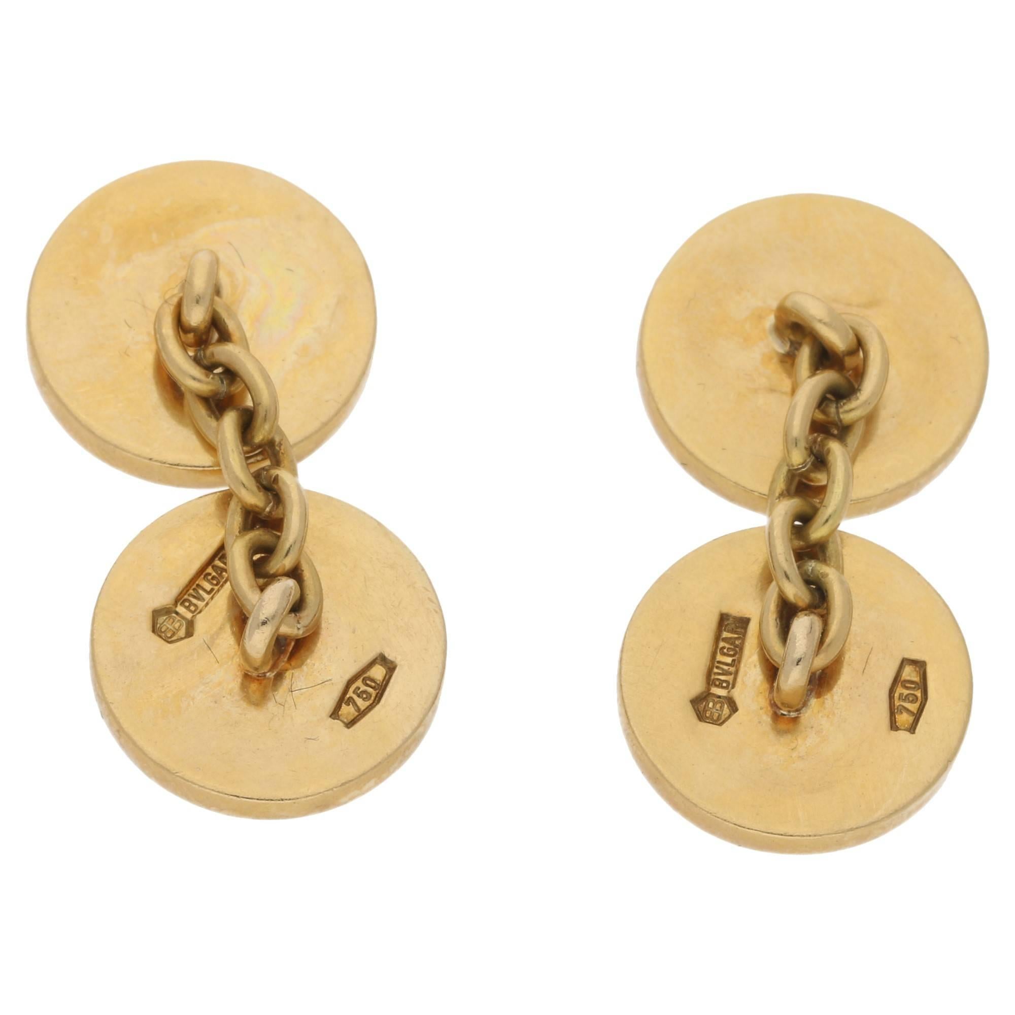 Bvlgari White Enamel Round Chain Cufflinks in 18k Yellow Gold  In Good Condition For Sale In London, GB