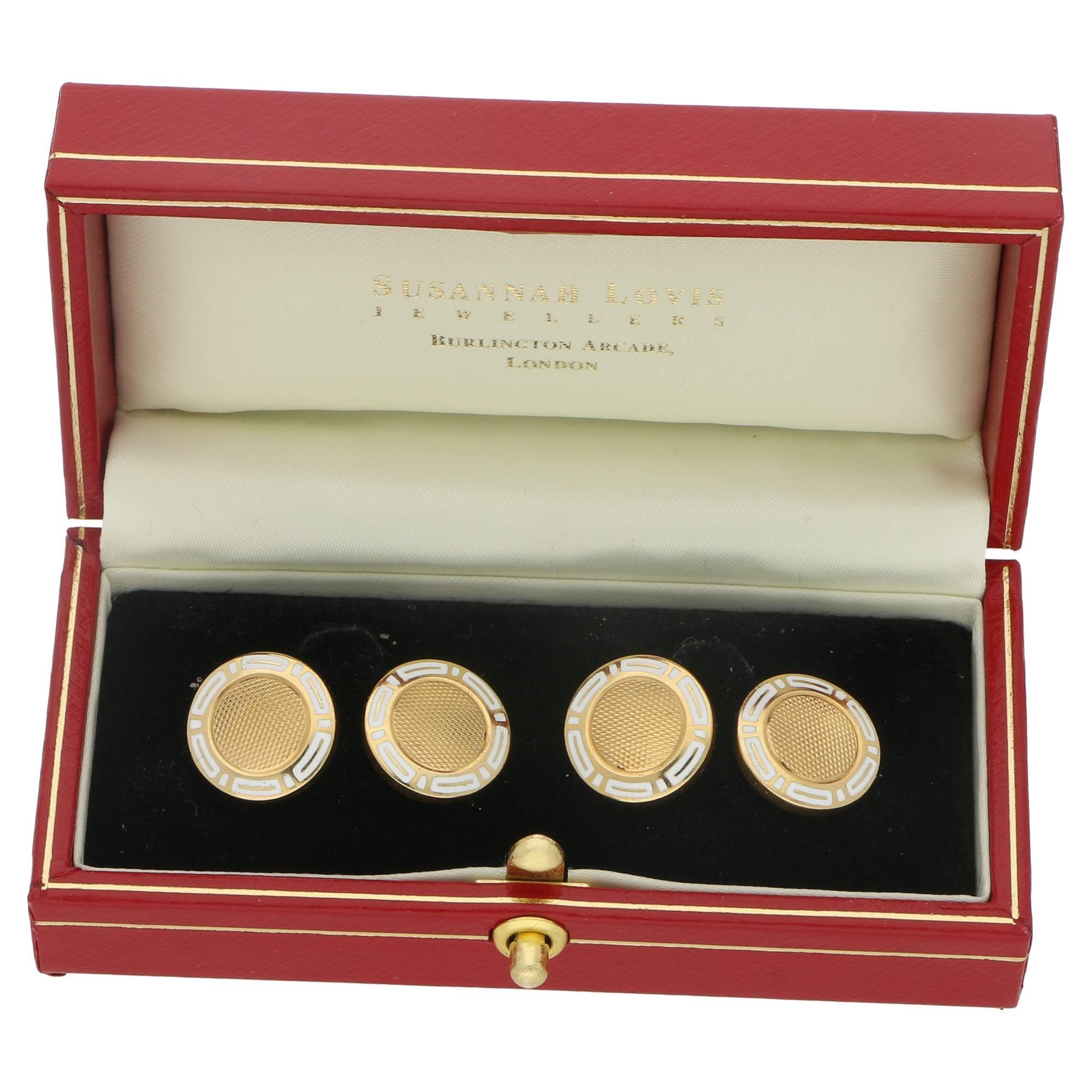 Bvlgari Weiß Emaille Runde Kette Manschettenknöpfe in 18k Gelbgold für Damen oder Herren im Angebot