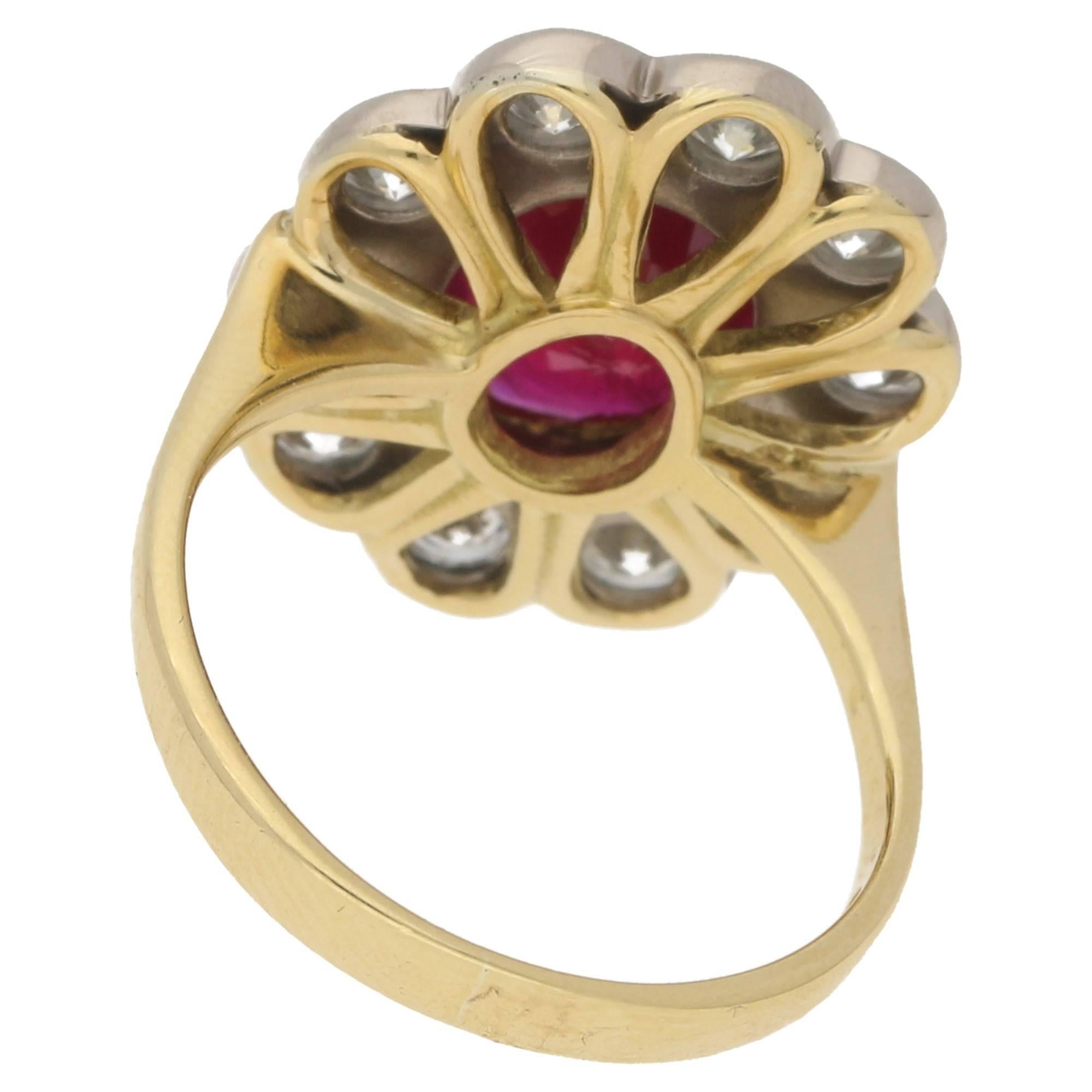 9 Karat Gold Ruby Diamond Cluster Ring In Excellent Condition In London, GB