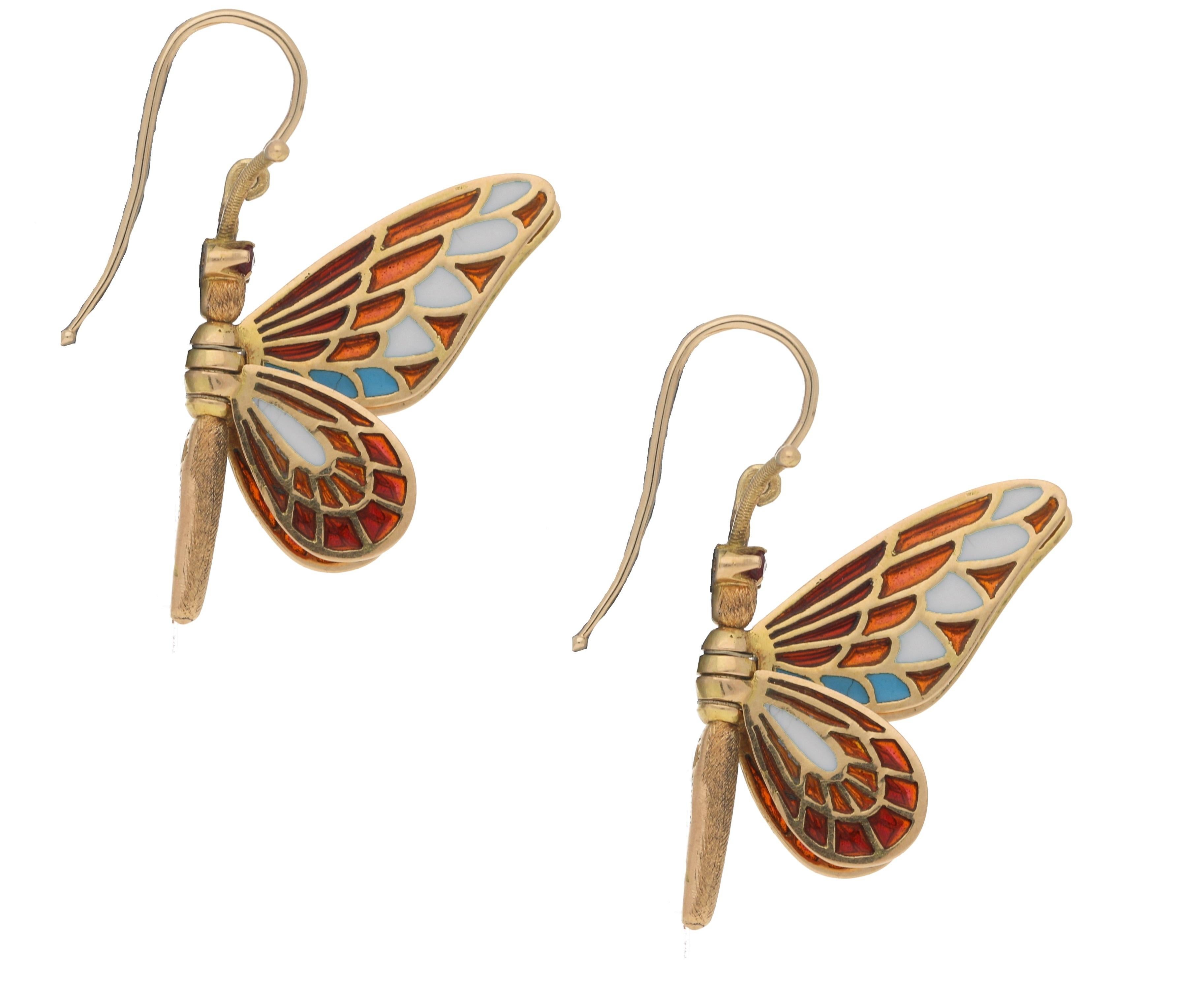 Round Cut Moving Enamel Butterfly Drop Earrings in 18 Karat Brushed Yellow Gold 