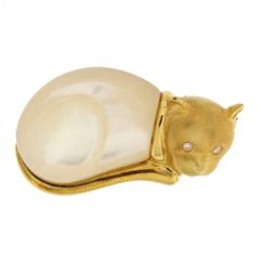 Jona Mother Of Pearl Diamond Gold Cat Brooch 4