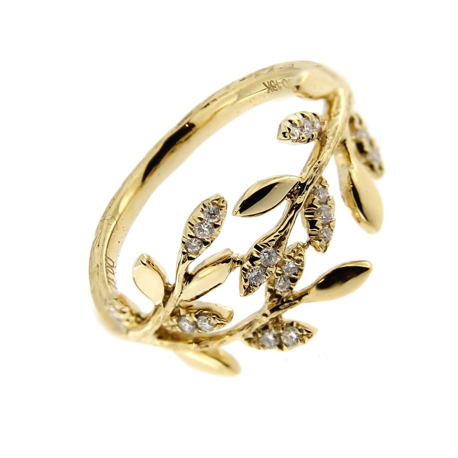 Jona design collection, hand crafted in Italy, 18 karat yellow gold foliage ring, set with 0.13 carats of white diamonds. Size US 6.5 can be sized to any specification.
Also available in rose gold and white gold. 
All Jona jewelry is new and has