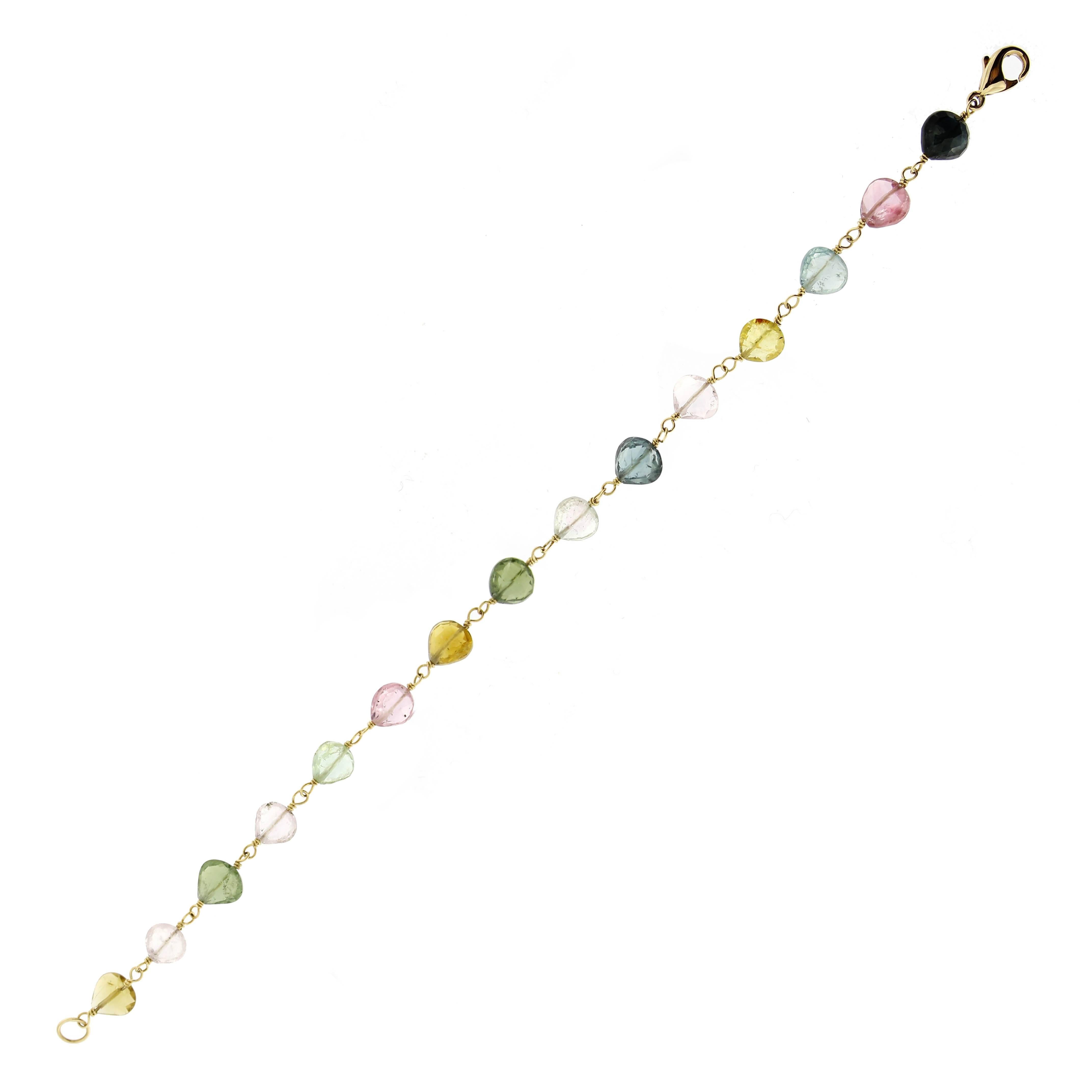 Women's or Men's Jona Multi-Color Tourmaline Drop 18 Karat Yellow Gold Bracelet