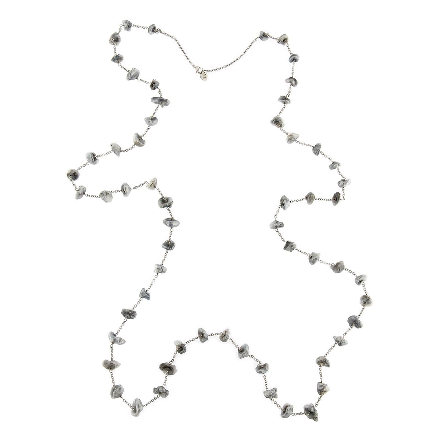 Jona Keshi Grey Pearl 18 Karat White Gold Long Chain Necklace