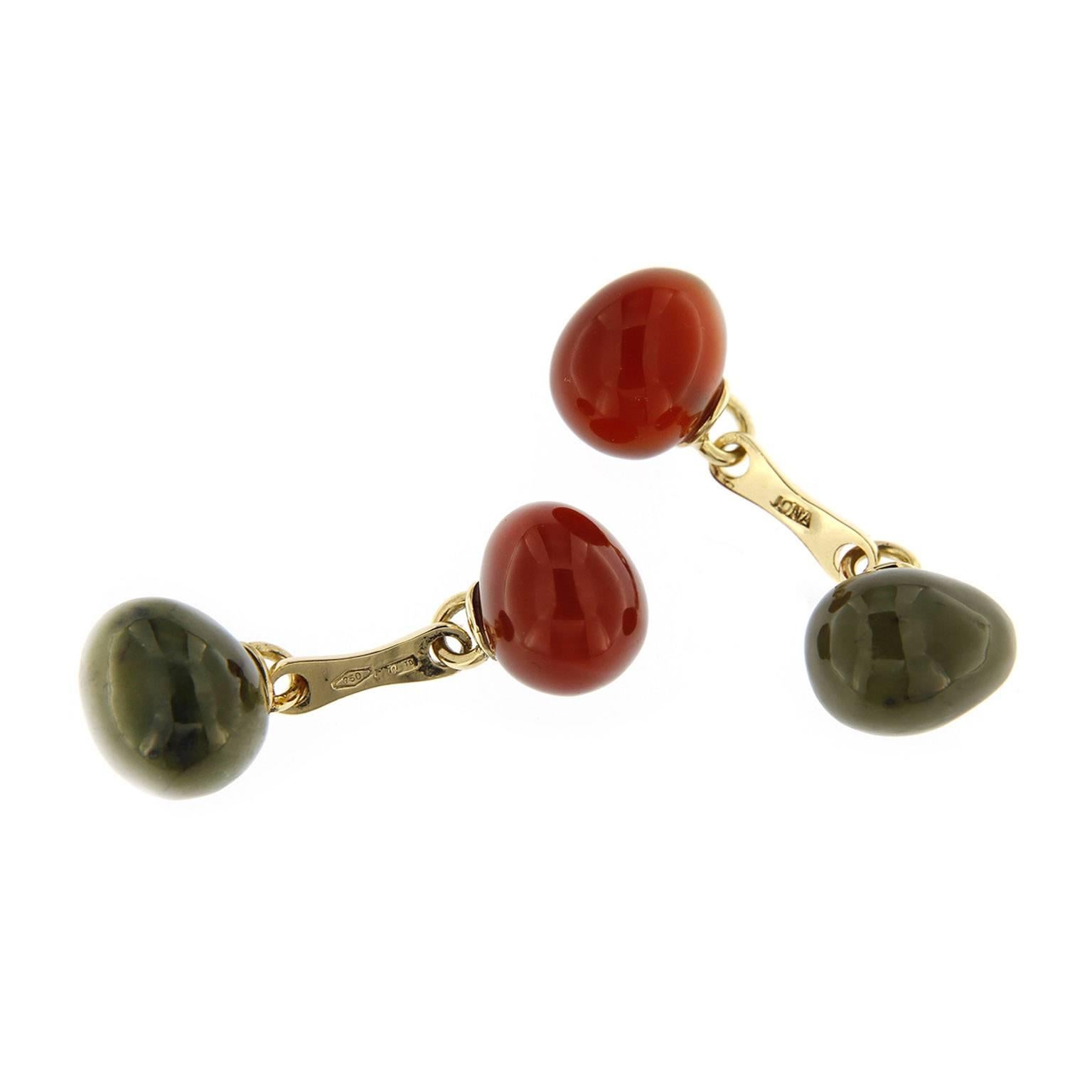 Jona Moss Agate Carnelian Egg Shaped 18 Karat Yellow Gold Cufflinks