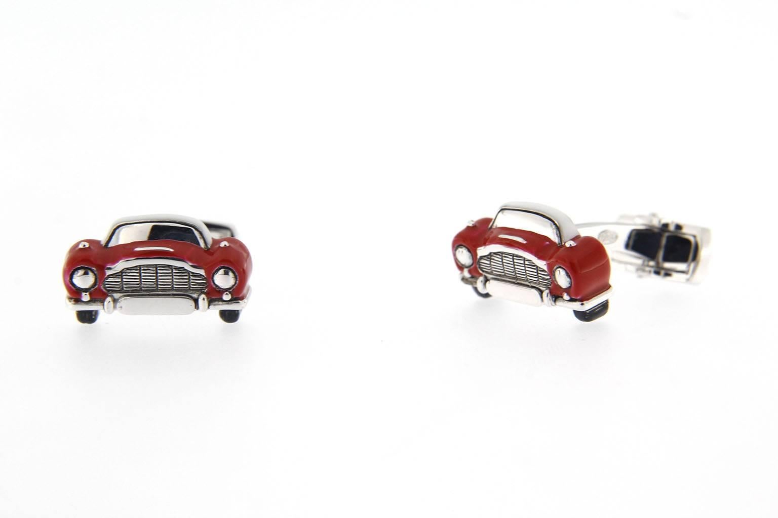 Jona Sterling Silver Red Enamel Classic Convertible Car Cufflinks In New Condition In Lugano, CH