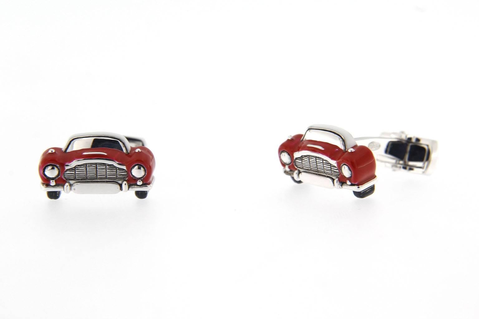 Jona Sterling Silver Red Enamel Classic Convertible Car Cufflinks In New Condition In Torino, IT