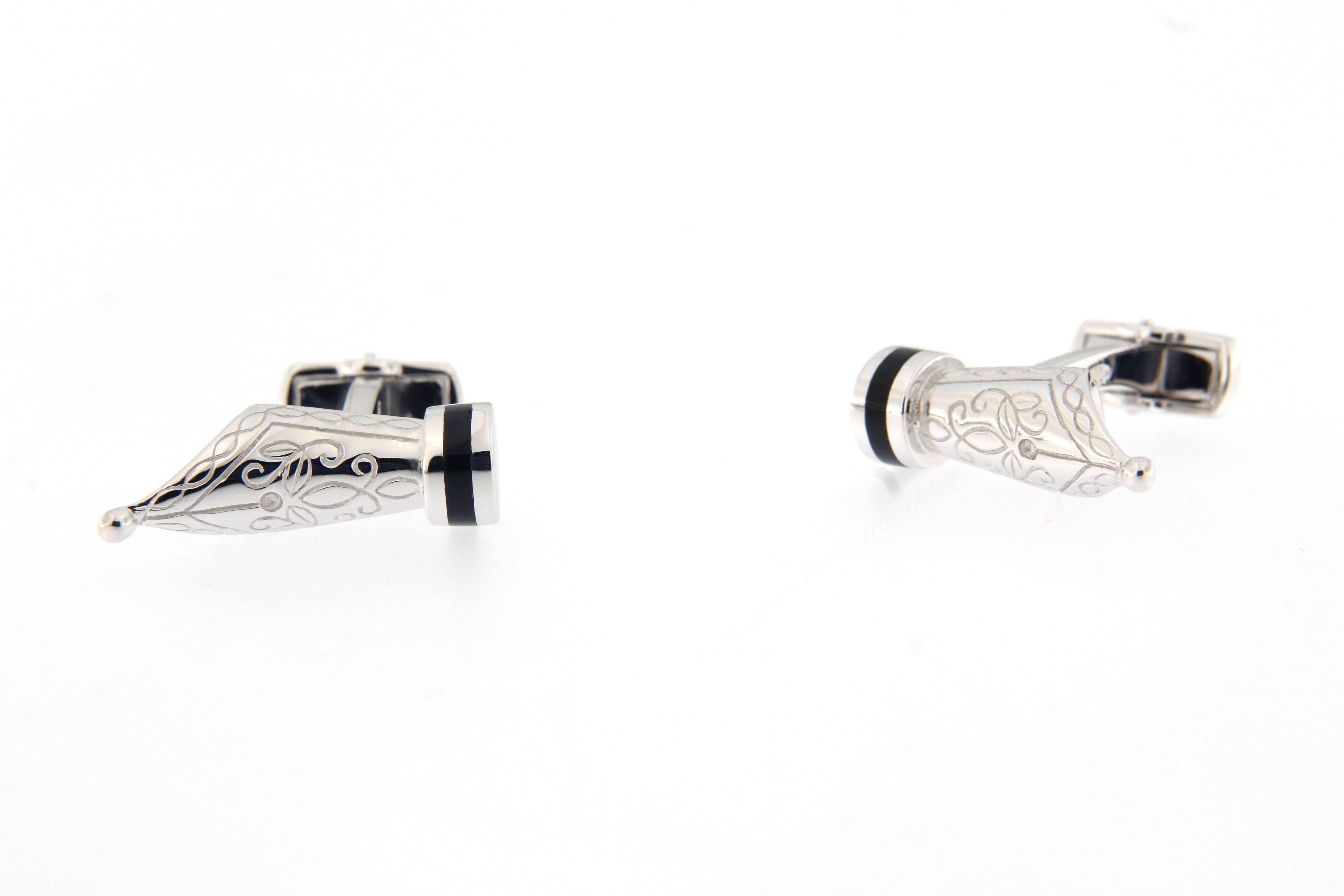 Jona Sterling Silver Fountain Pen Nib Cufflinks In New Condition In Torino, IT