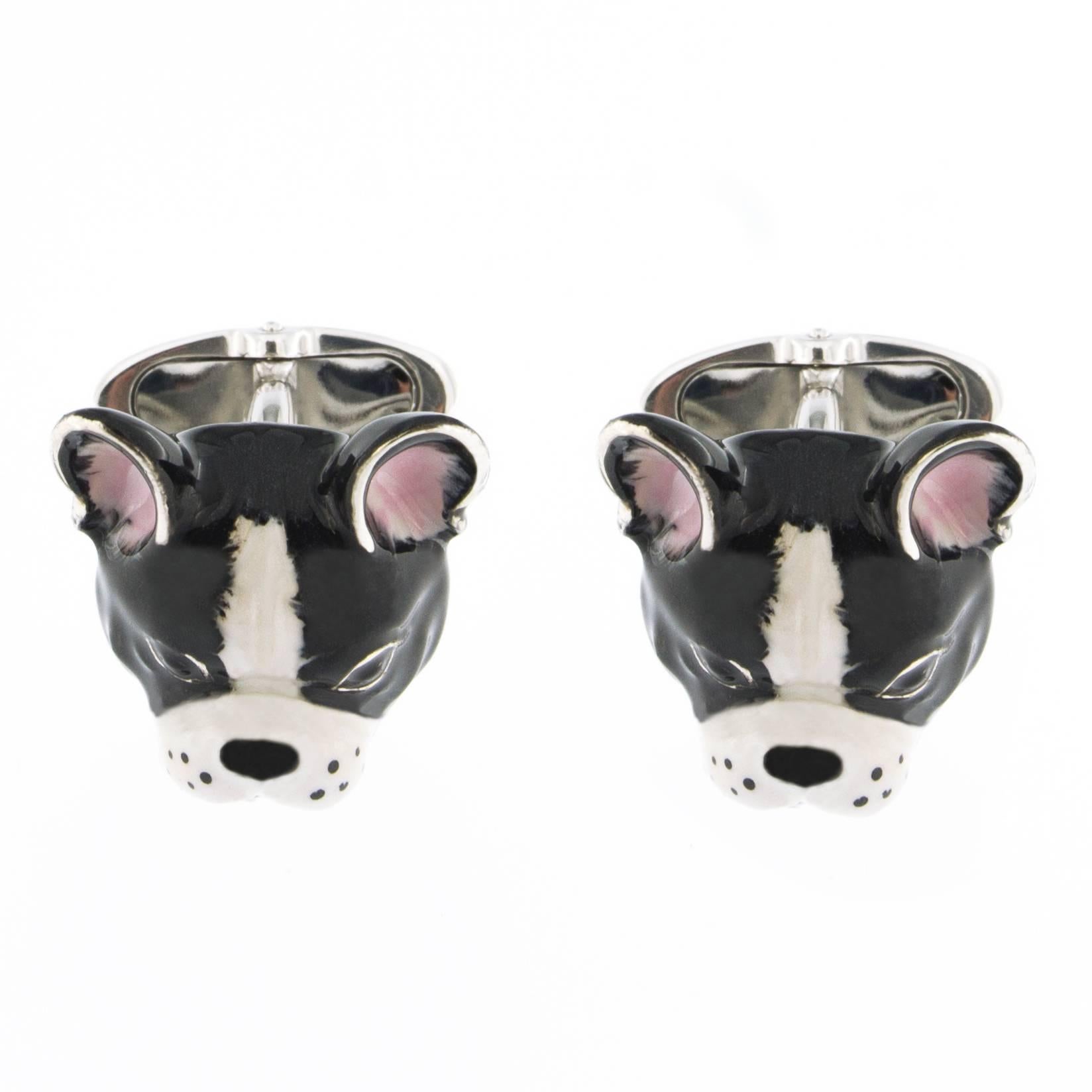 Jona design collection, hand crafted in Italy, Sterling Silver dog Cufflinks with black and white enamel. Toggle back.

Dimensions:
L 0.77 in /  W 0.59 in / D 0.53 in
L 19.5 / W 15.04 in / D 13.23 mm

All Jona jewelry is new and has never been