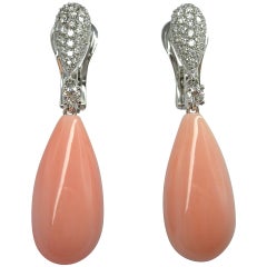 Jona Peau d'Ange Mediterranean Coral White Diamond 18 Karat  Gold Drop Earrings