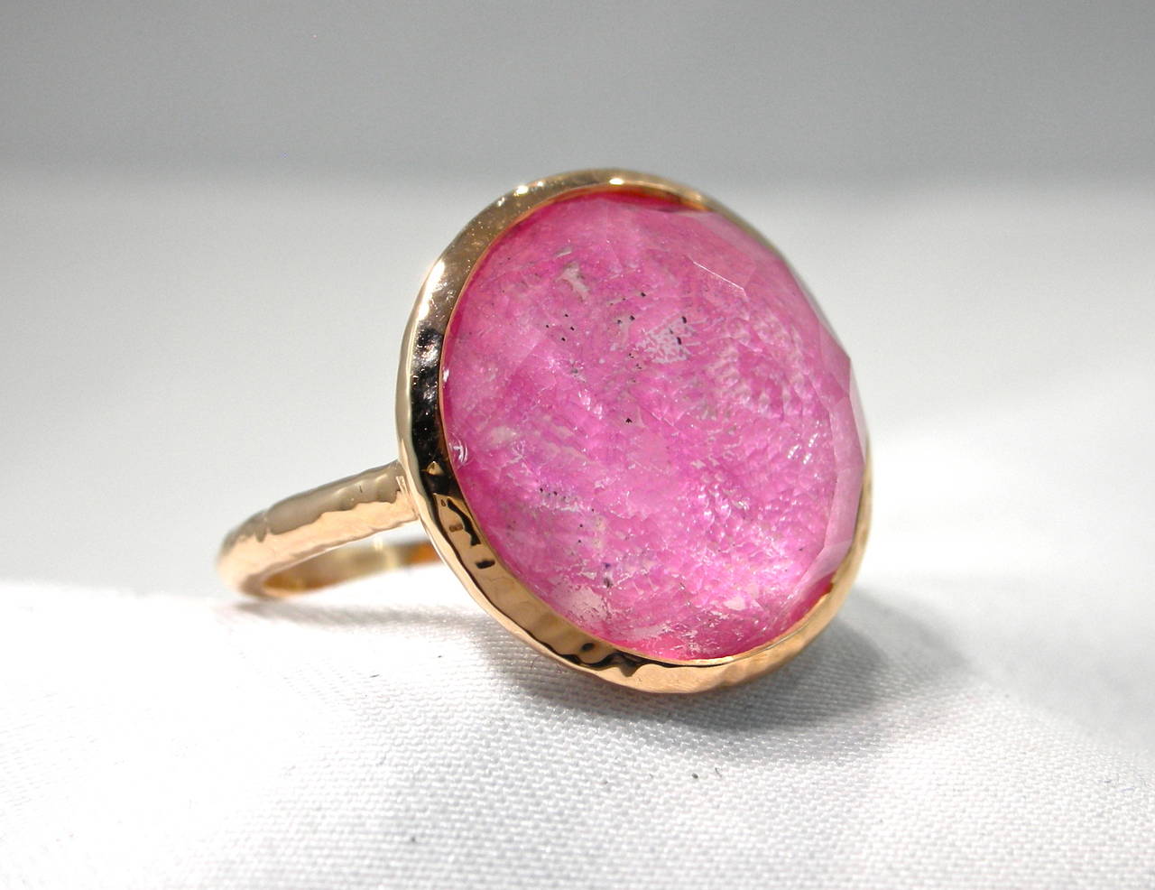 Ring in 18K rose gold set with a crazy cut stone made of multiple layer natural gemstones ( Rubellite Tourmaline, quartz, mother of pearl) weighing 7.18 carats. Designed and hand crafted in Italy by Jona.

Ring Size: US 6 (can be sized to any