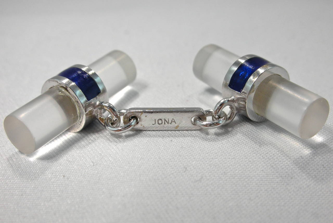 Alex Jona design collection, hand crafted in Italy, rock crystal 18 karat blue enamel, 18 Karat white gold Bar.  Dimensions: L 19.05 mm x D 7.40 mm - L 0.75 in x D x 0.29 in.
Alex Jona cufflinks stand out, not only for their special design and for