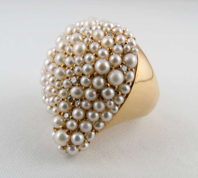 Contemporary Jona Large Pearl Pave Bombe Gold Ring