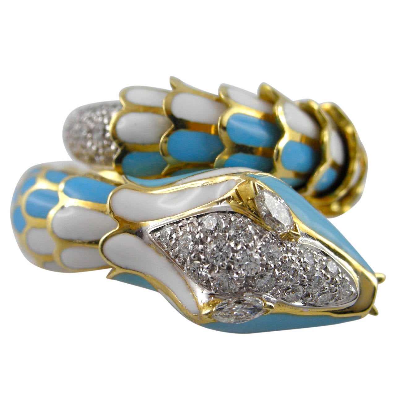 Jona Enamel White Diamond 18 Karat Yellow Gold Flexible Coil Snake Ring