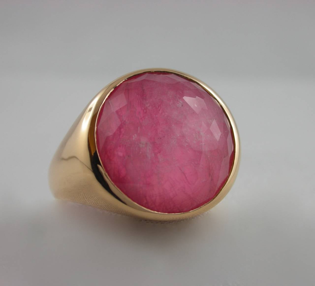 Jona design collection, hand crafted in Italy, 18 Karat rose gold ring set with a crazy cut quartz over Rubellite and mother of pearl, weighing 4 carats. 
 Size US 6.2, can be sized to any specification

All of our jewelry is new and has never