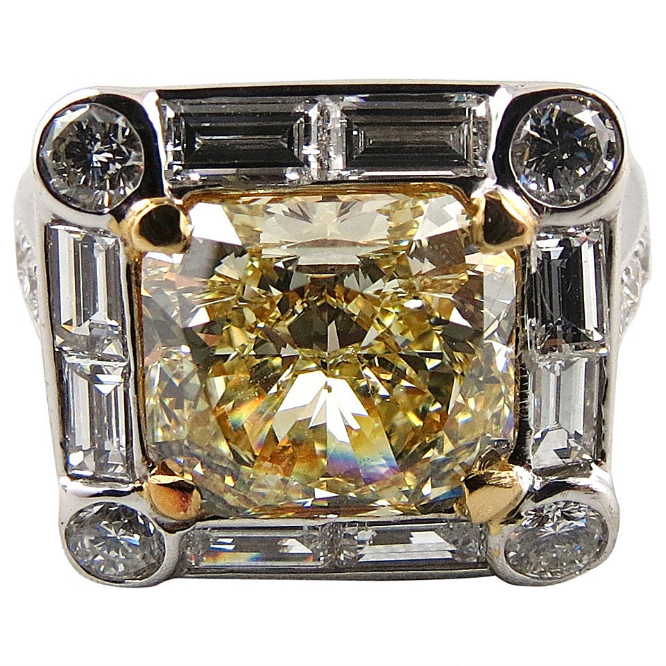4.01 Carat GIA Cert Natural Fancy Intense Yellow Radiant Cut Diamond Ring