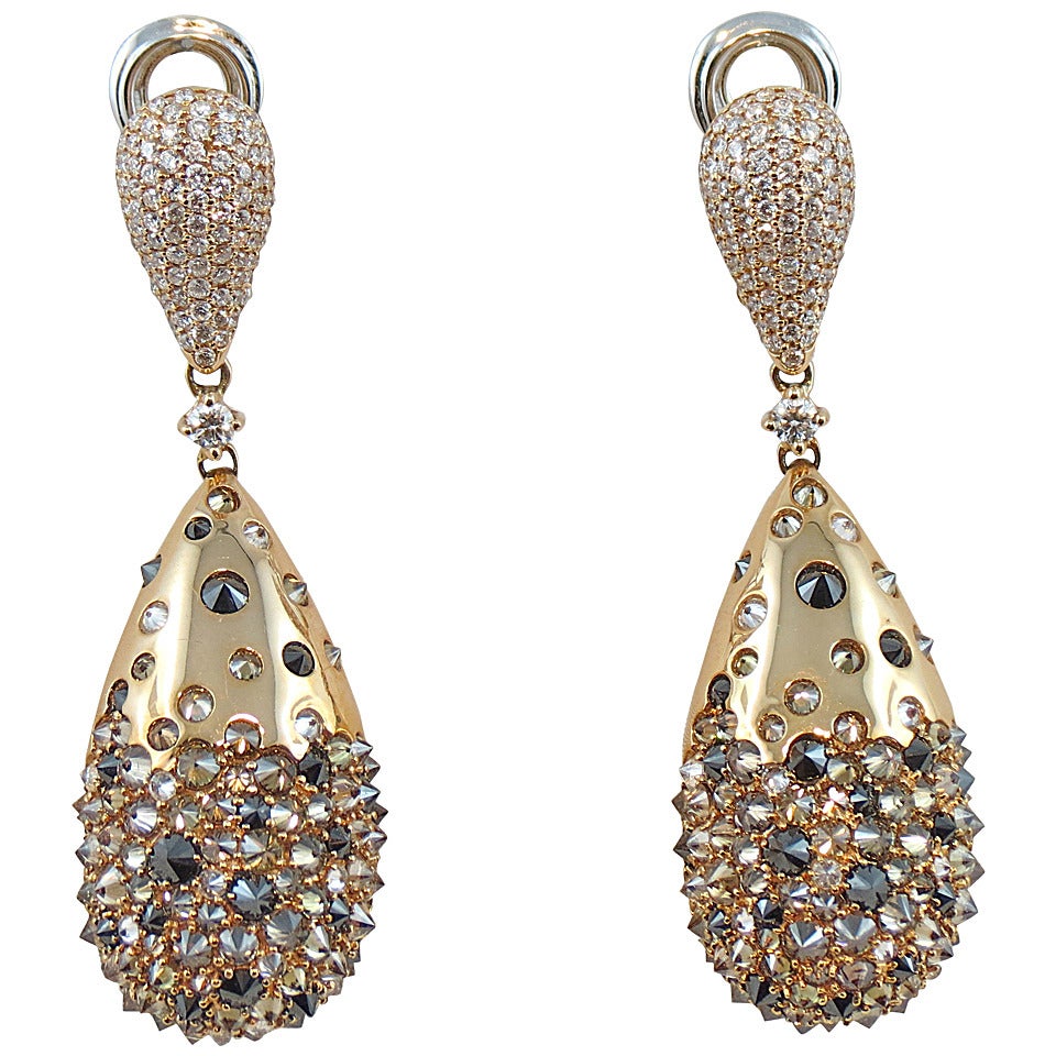 Jona Black Brown and White Diamond 18 Karat Yellow Gold Drop Earrings