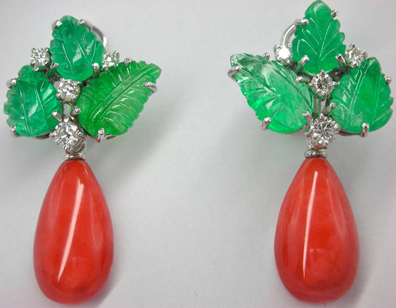 Women's Coral Emerald Diamond Gold Dangle Earrings
