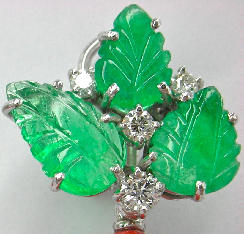 Coral Emerald Diamond Gold Dangle Earrings 1