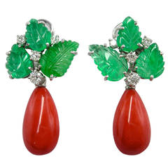 Coral Emerald Diamond Gold Dangle Earrings