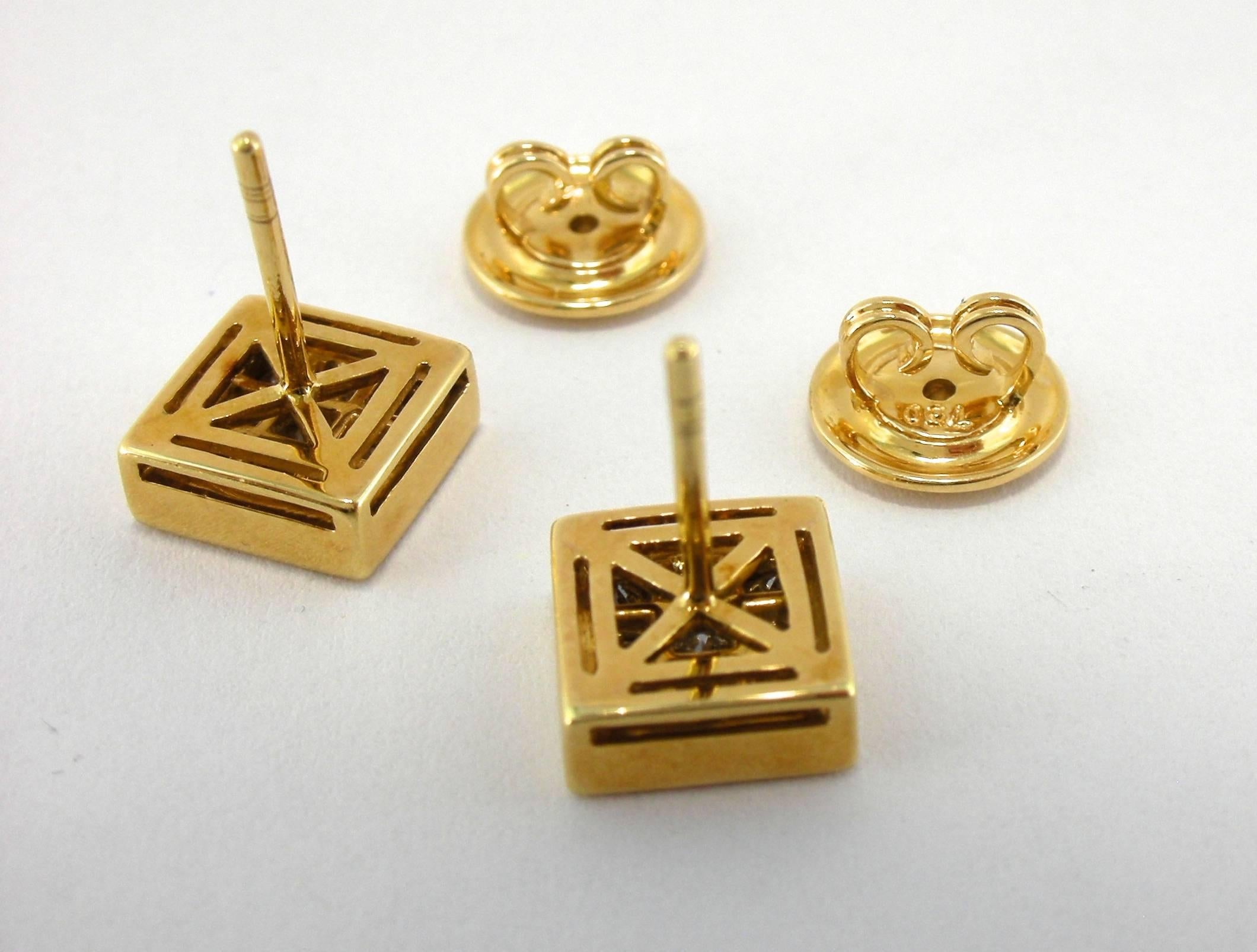 Square Cut Invisible-Set Princess-Cut White Diamond 18 Karat Yellow Gold Stud Earrings