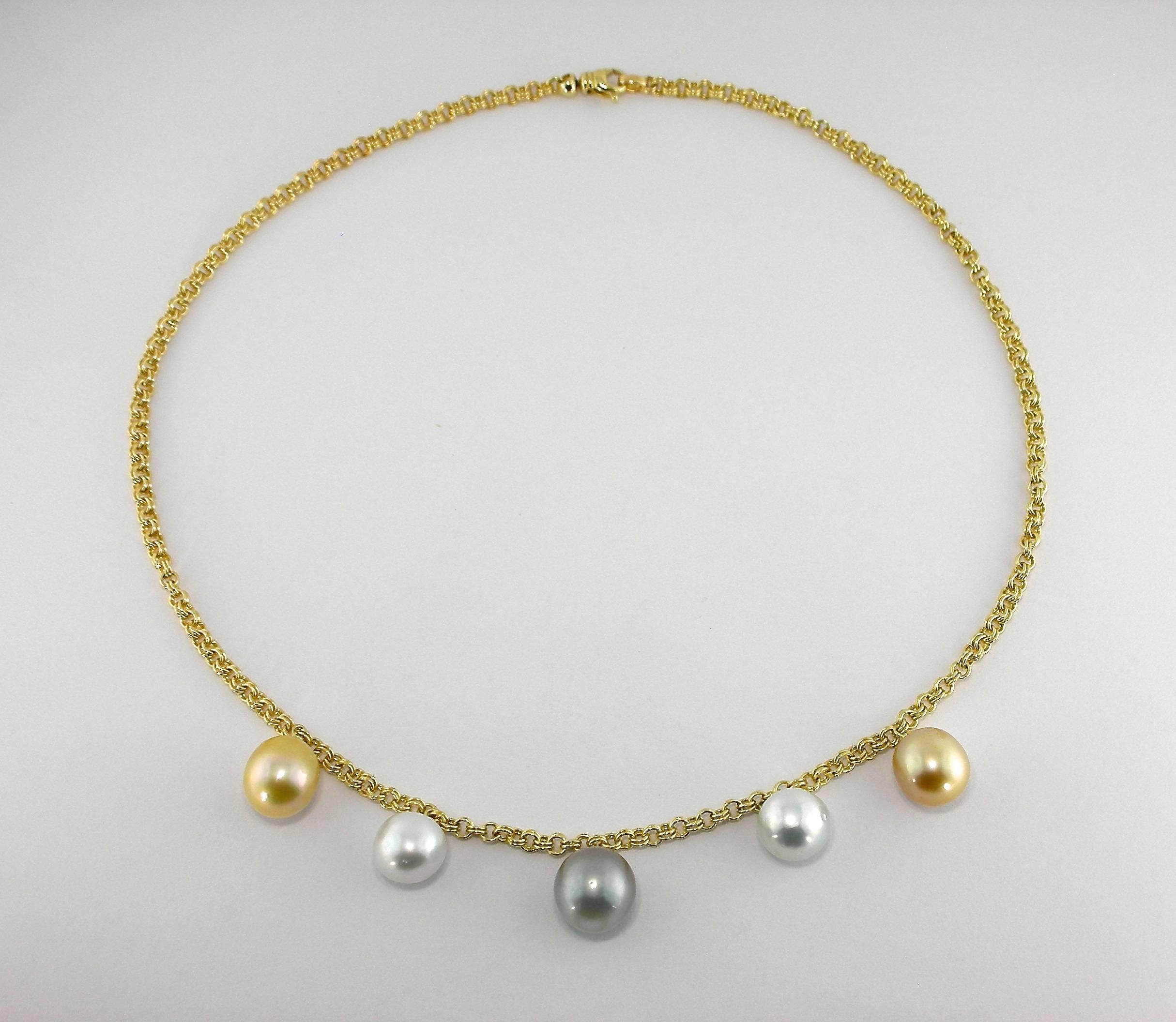 Jona design collection, hand crafted in Italy, 18 karat yellow gold chain necklace, with two golden and two white South Sea dangling pearls, centering a light grey Tahiti pearl.

All Jona jewelry is new and has never been previously owned or worn.