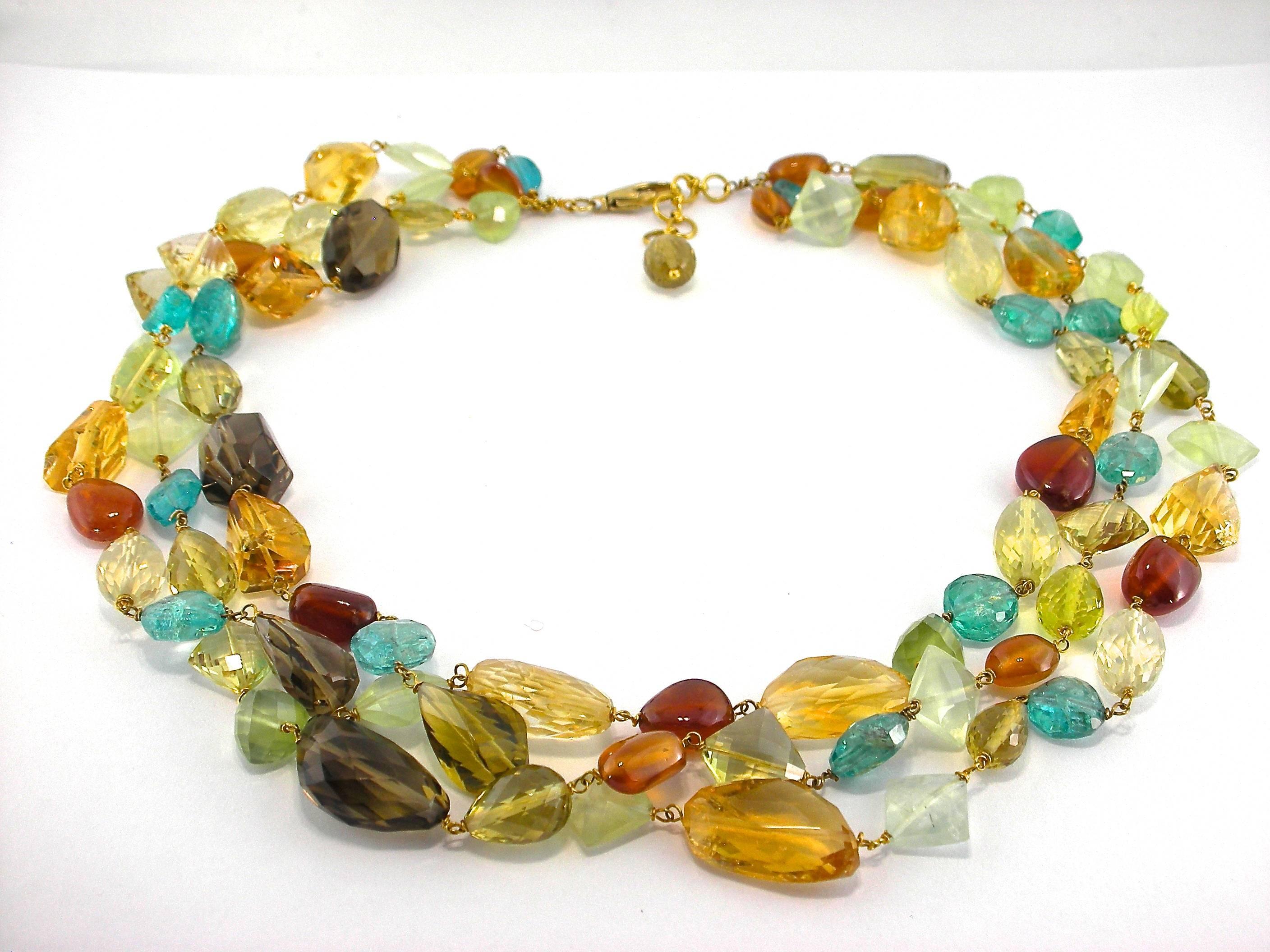 Jona design collection, hand crafted in Italy, 18 karat yellow gold multi-strand necklace, featuring 445 carats of grey and citrine quartz, carnelian, apatite and prehnite pebbles.

All Jona jewelry is new and has never been previously owned or
