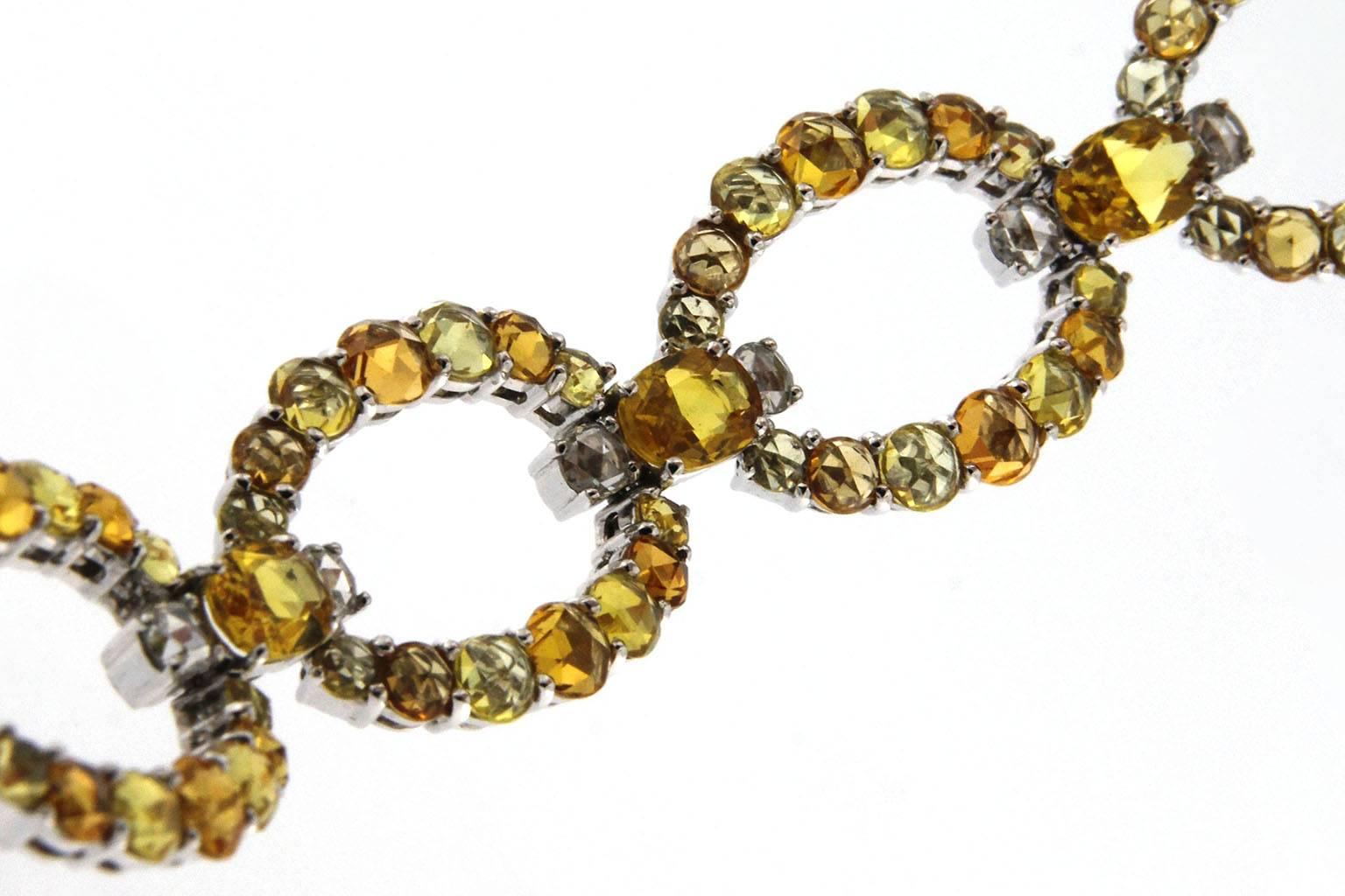 Rose Cut Jona Yellow and Orange Sapphire White Diamond 18 Karat White Gold Link Bracelet
