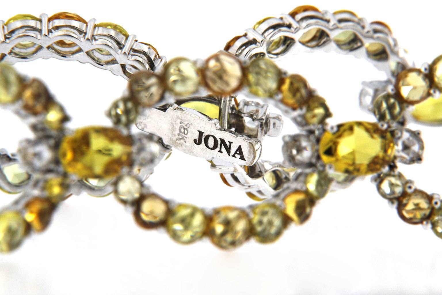 Jona Yellow and Orange Sapphire White Diamond 18 Karat White Gold Link Bracelet In New Condition In Torino, IT