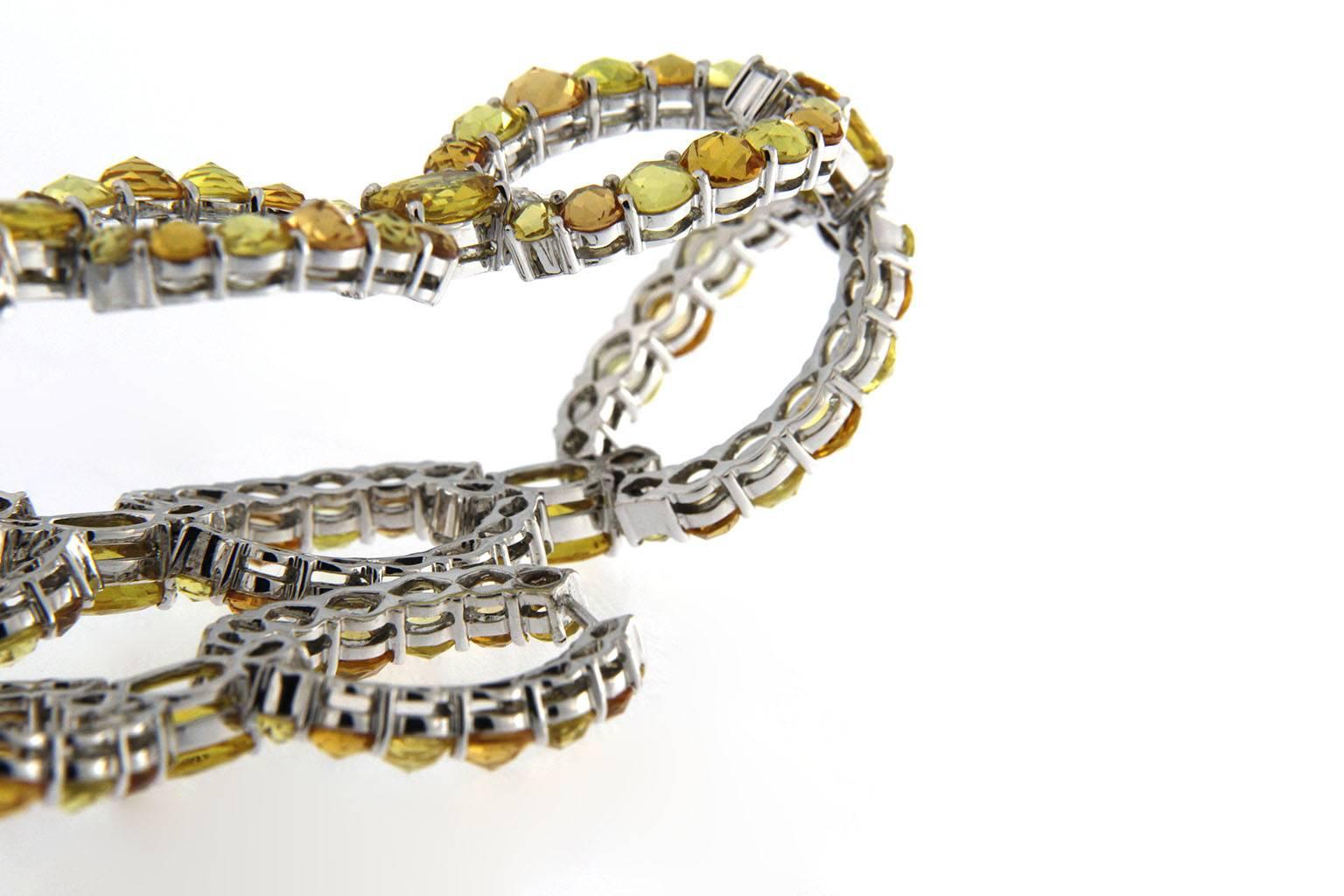 Women's Jona Yellow and Orange Sapphire White Diamond 18 Karat White Gold Link Bracelet