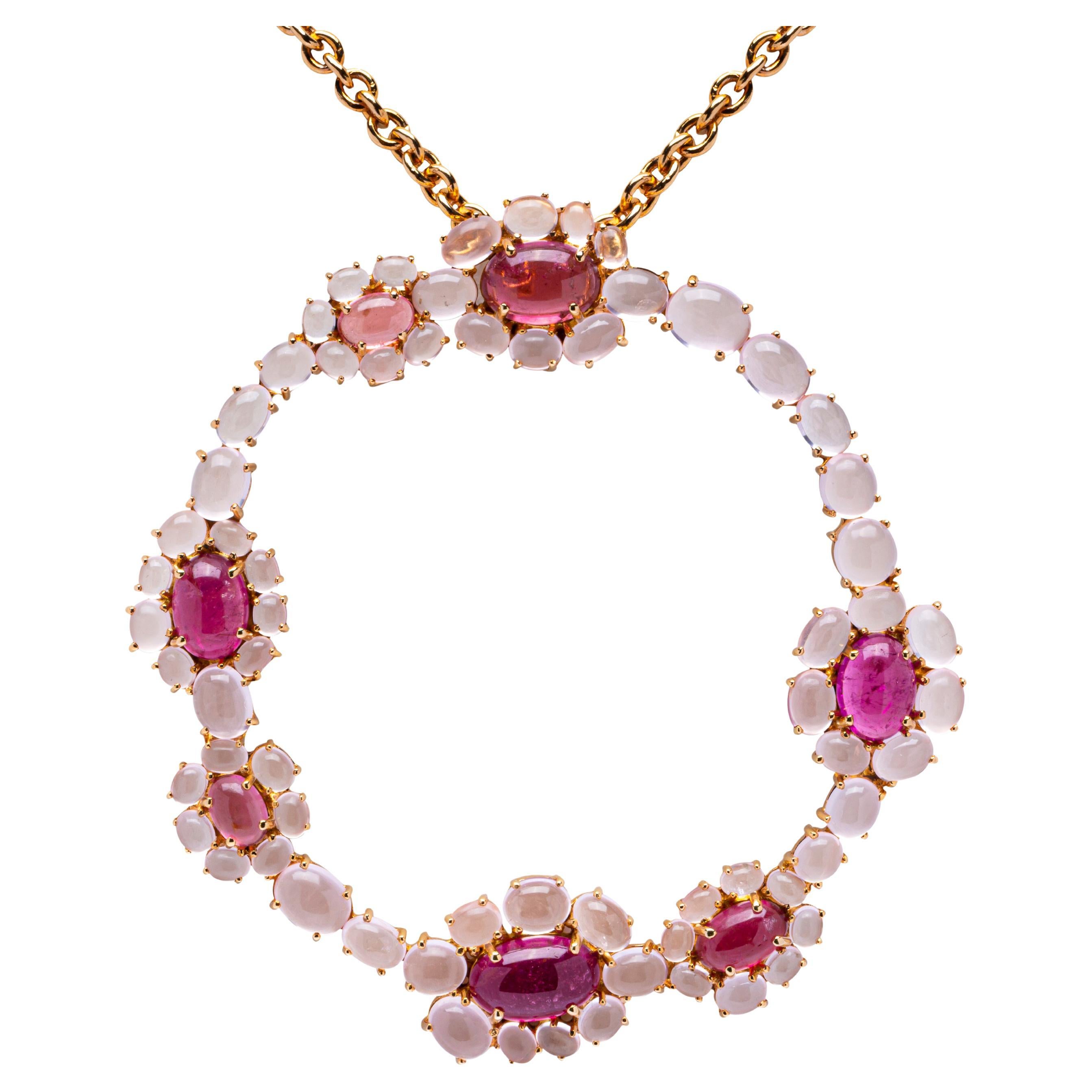 Alex Jona Rubellite Moonstone 18 K Rose Gold Pendant Necklace For Sale