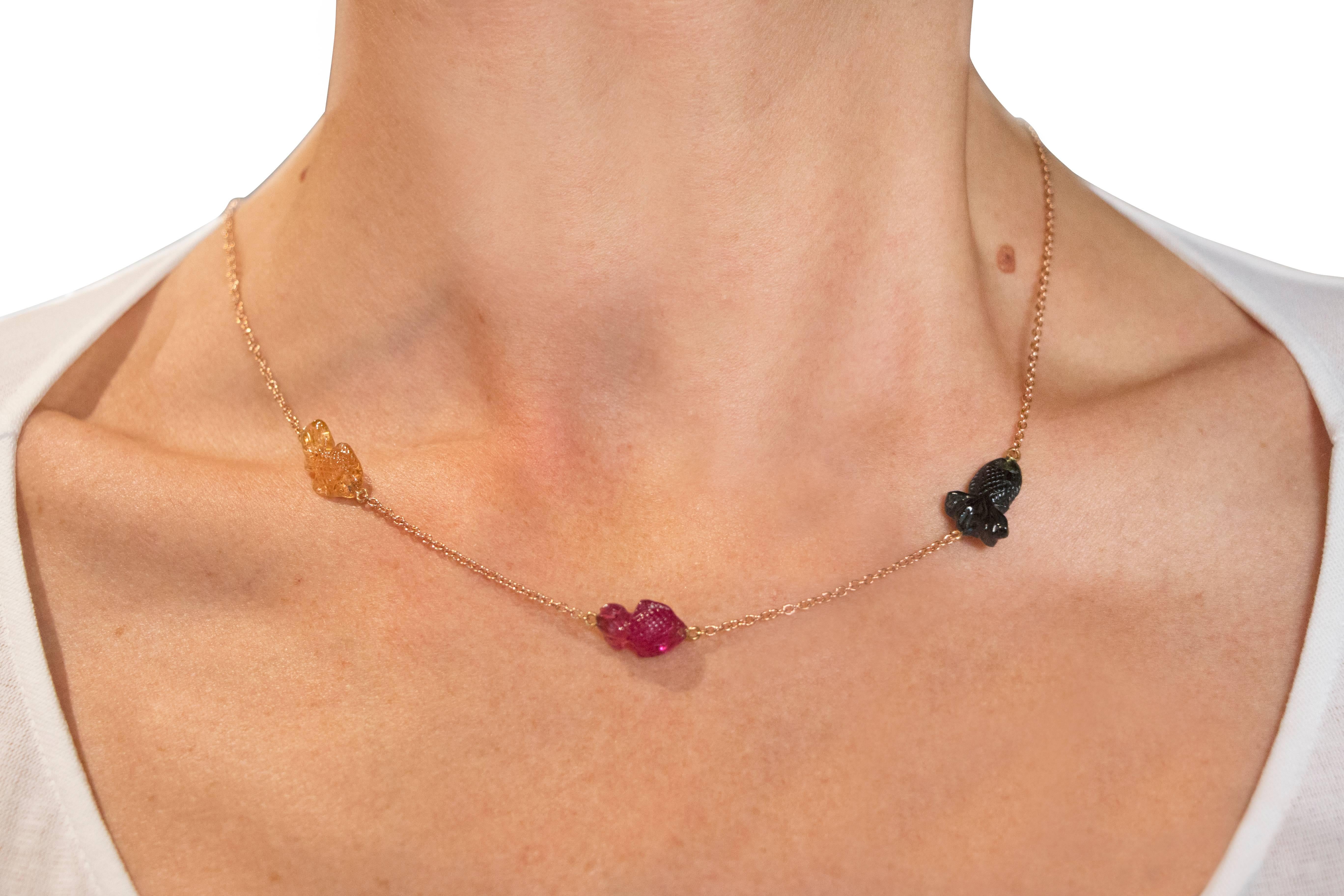 Jona design collection, hand crafted in Italy, 18 karat rose gold chain necklace, centering three multicolor tourmaline fish .
All Jona jewelry is new and has never been previously owned or worn. Each item will arrive at your door beautifully gift