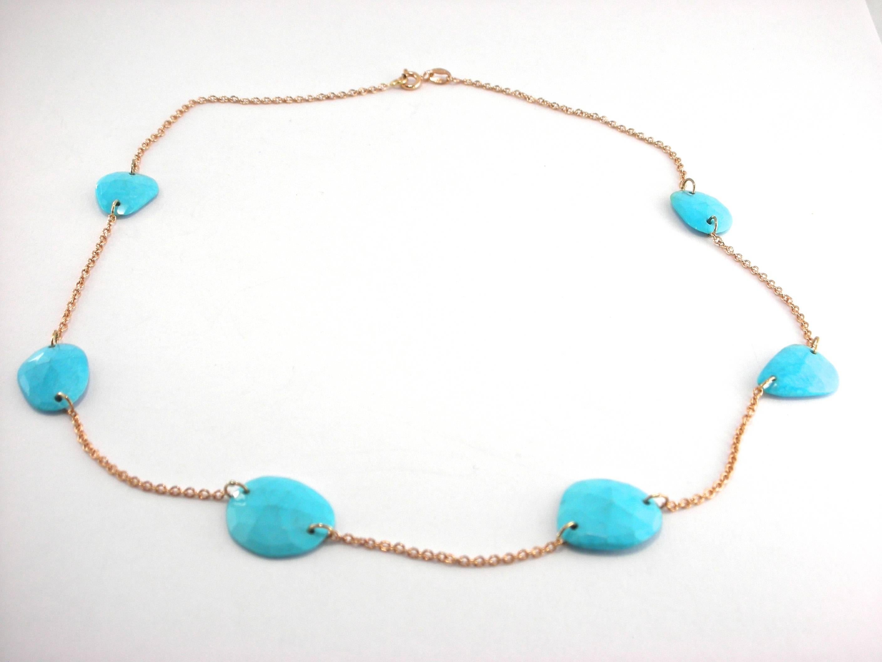 Jona design collection, hand crafted in Italy, 18 karat rose gold chain necklace, featuring 29 carats of flat cut turquoise pebbles.

All of our jewelry is new and has never been previously owned or worn.

