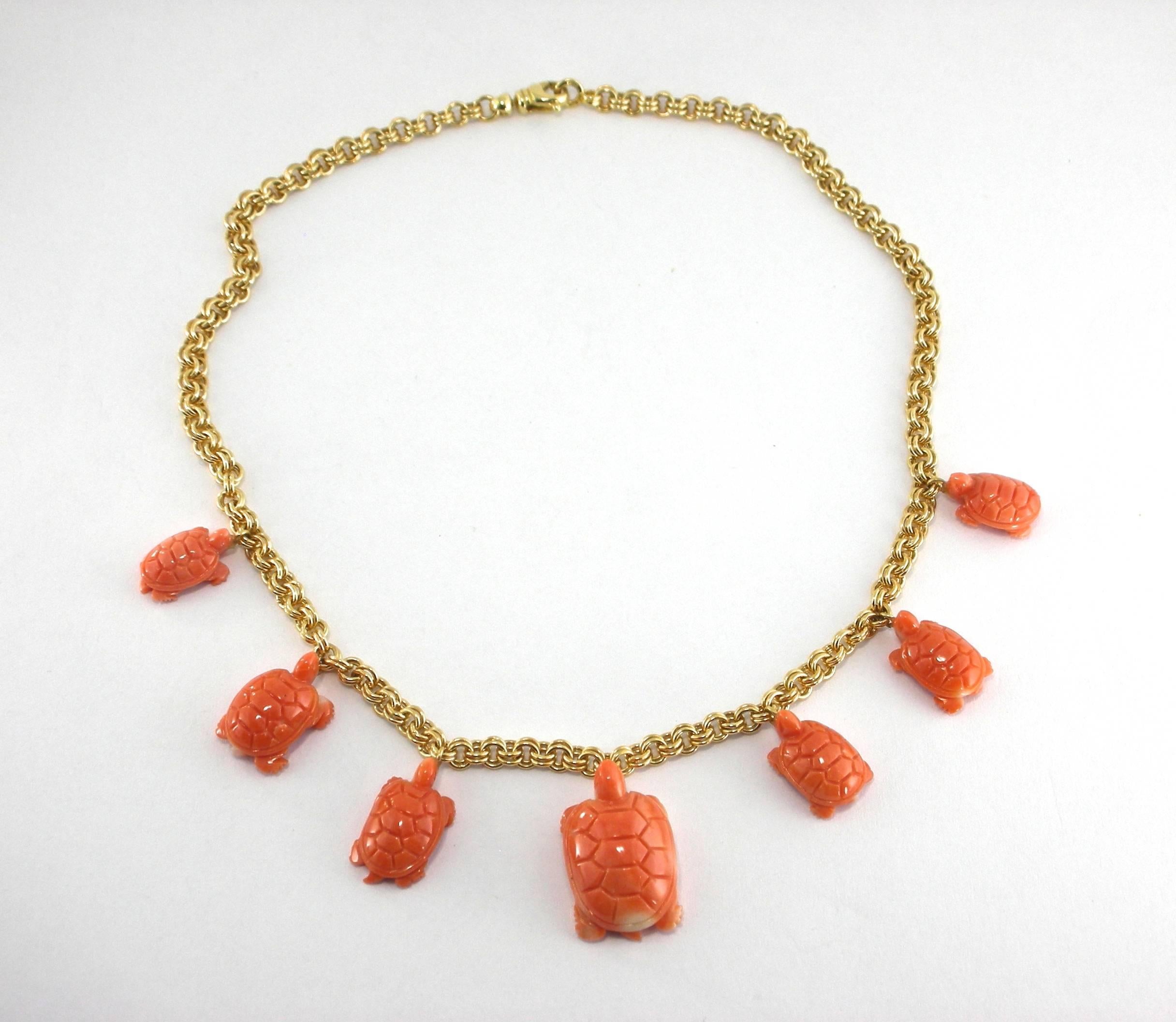 Jona design collection, hand crafted in Italy, 18 karat yellow gold chain necklace with 7 turtle-shaped red coral charms.
All Jona jewelry is new and has never been previously owned or worn. Each item will arrive at your door beautifully gift