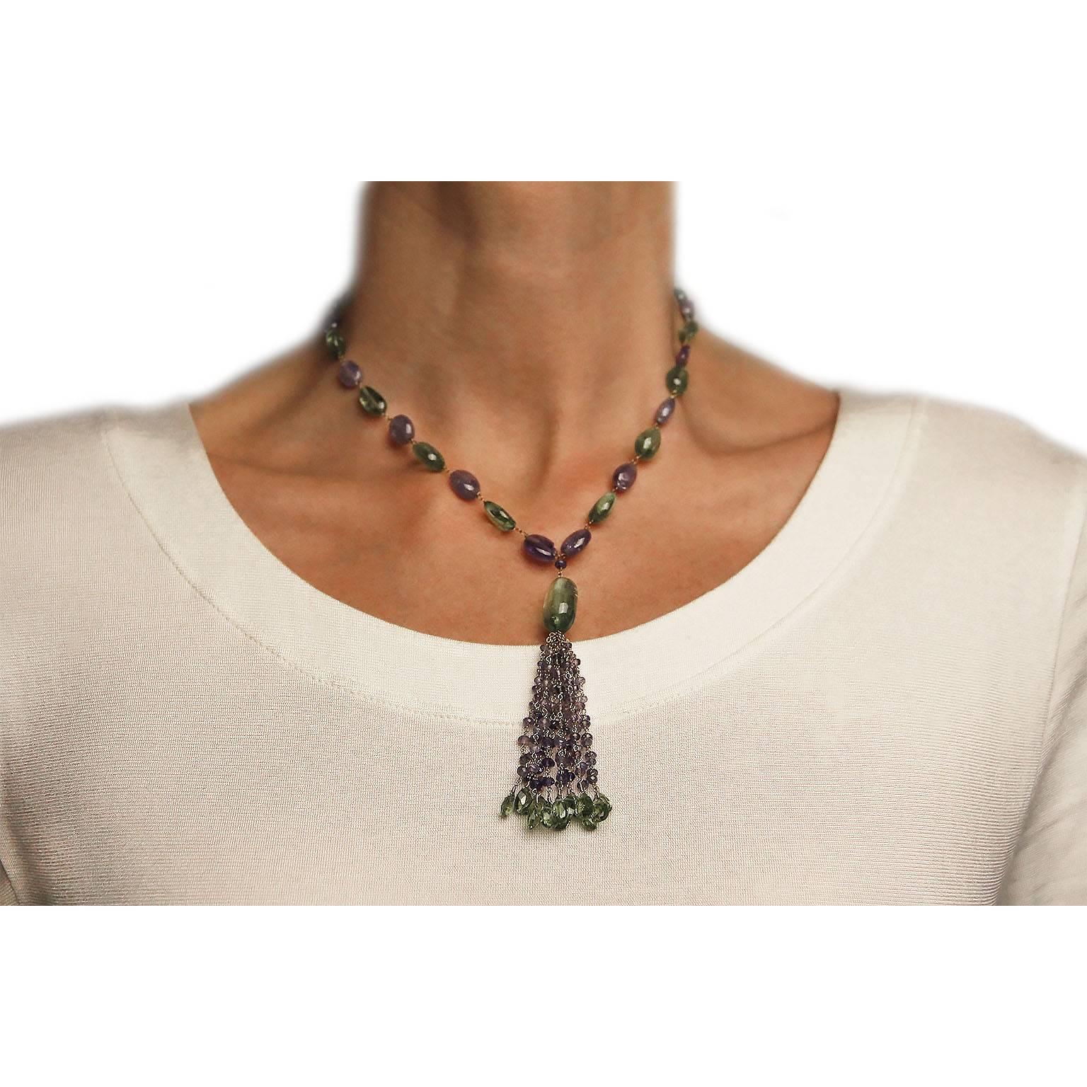 Women's Jona Peridot Iolite 18 Karat Gold Tassel Beaded Necklace