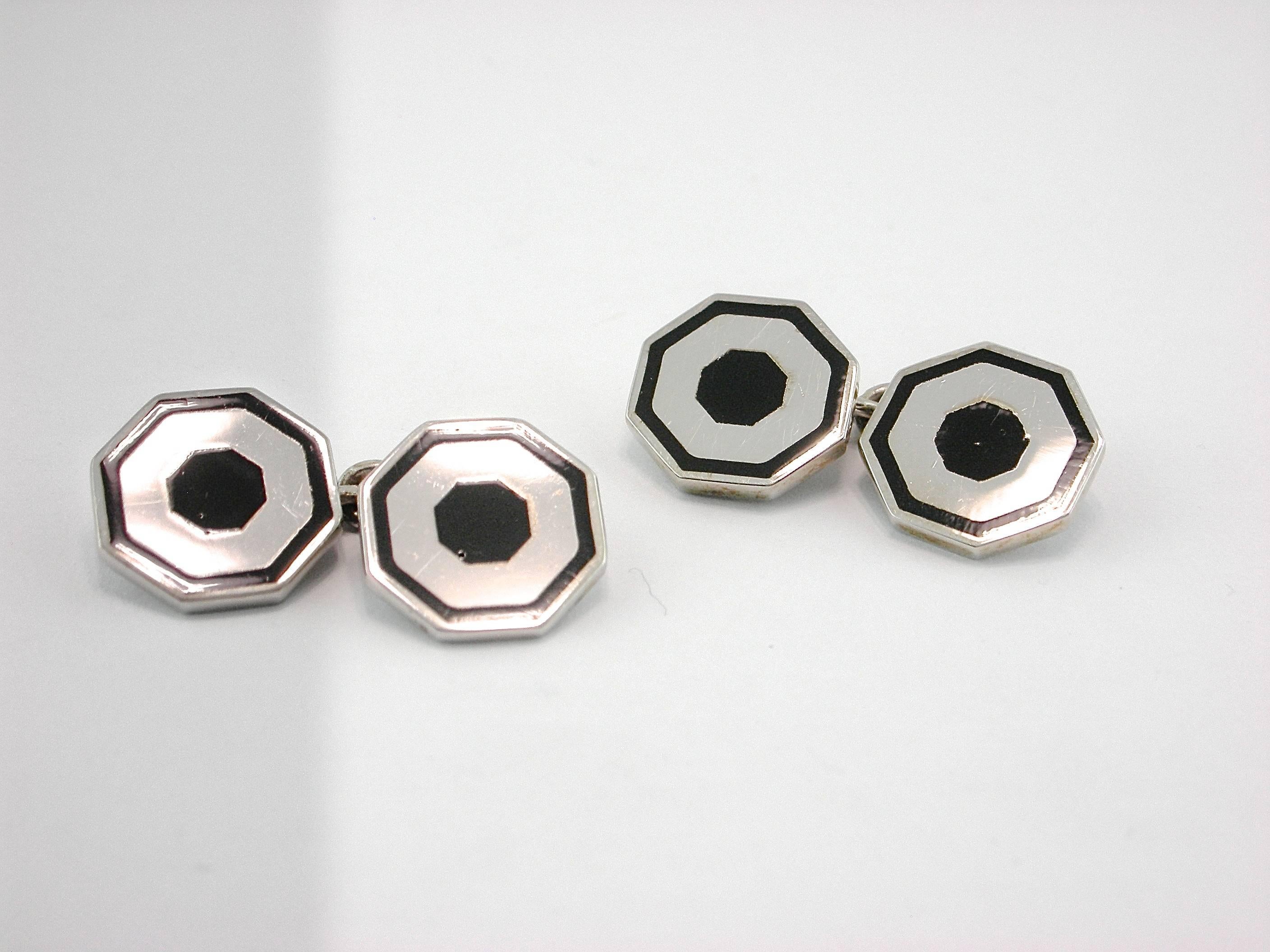 Alex Jona Sterling Silver Black Enamel Octagonal Cufflinks In New Condition In Torino, IT