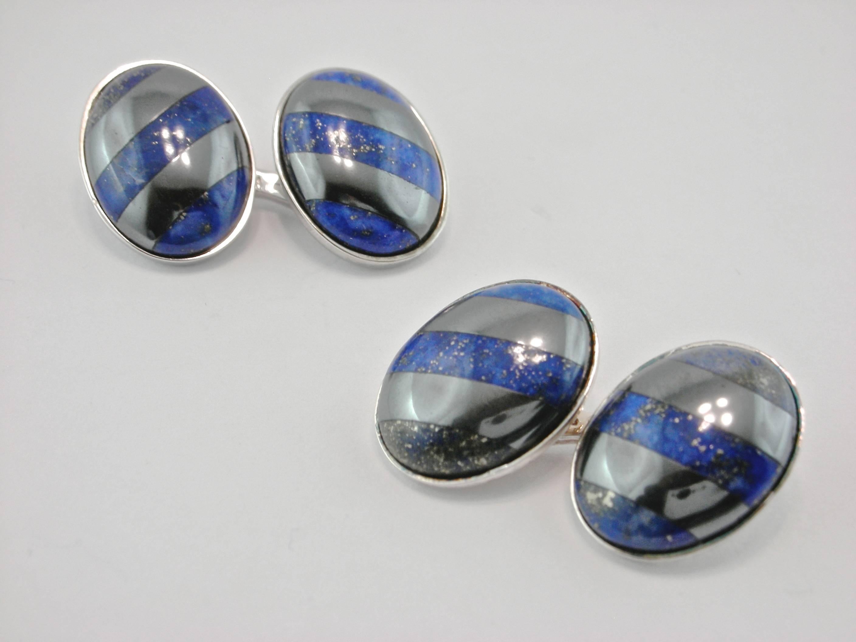 Cabochon Jona Sterling Silver Hematite and Lapis Lazuli Cufflinks